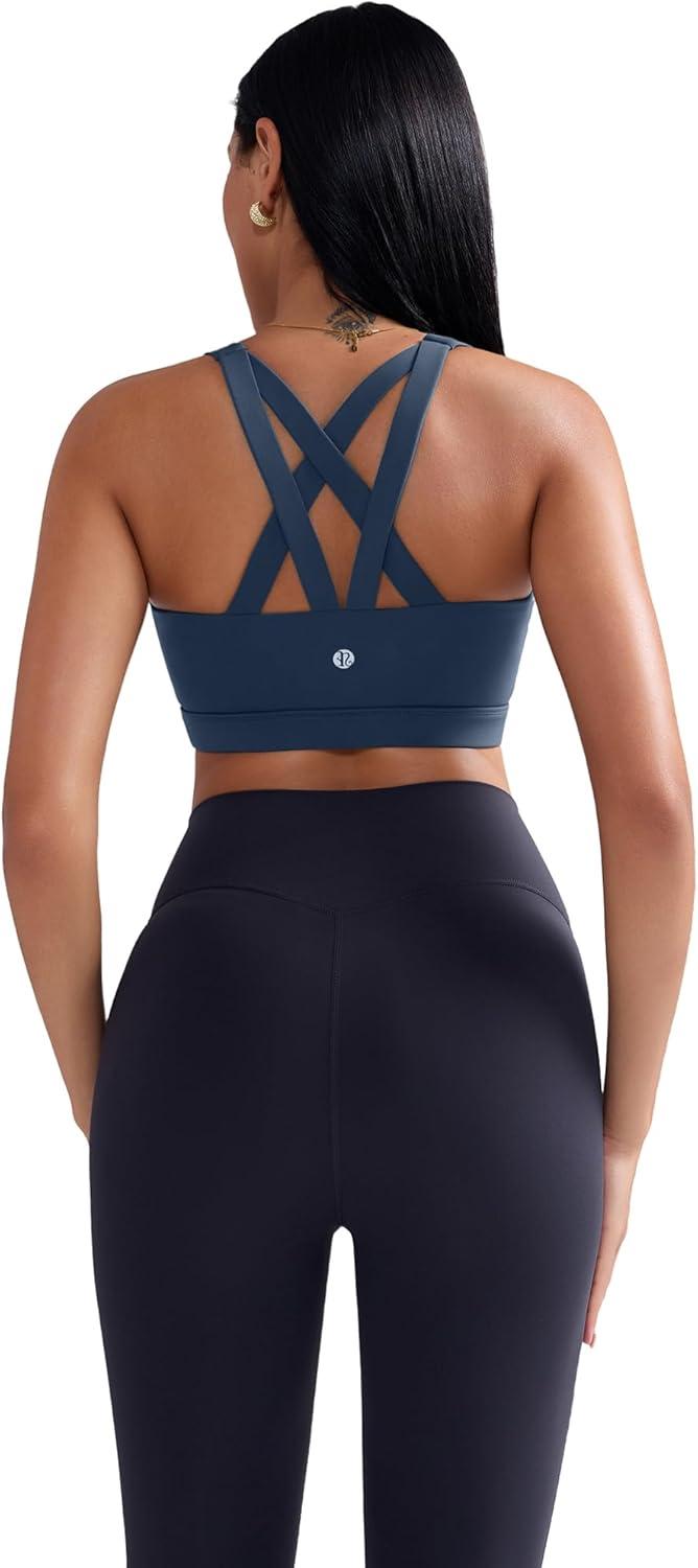 imageRUNNING GIRL Sports Bra for Women CrissCross Back Padded Strappy Sports Bras Medium Support Yoga Bra with Removable CupsBnavy Blue