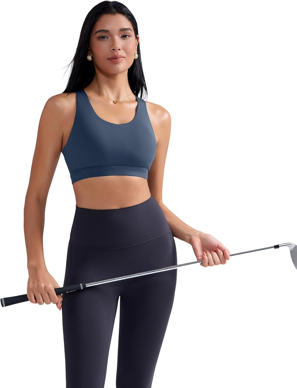 imageRUNNING GIRL Sports Bra for Women CrissCross Back Padded Strappy Sports Bras Medium Support Yoga Bra with Removable CupsBnavy Blue