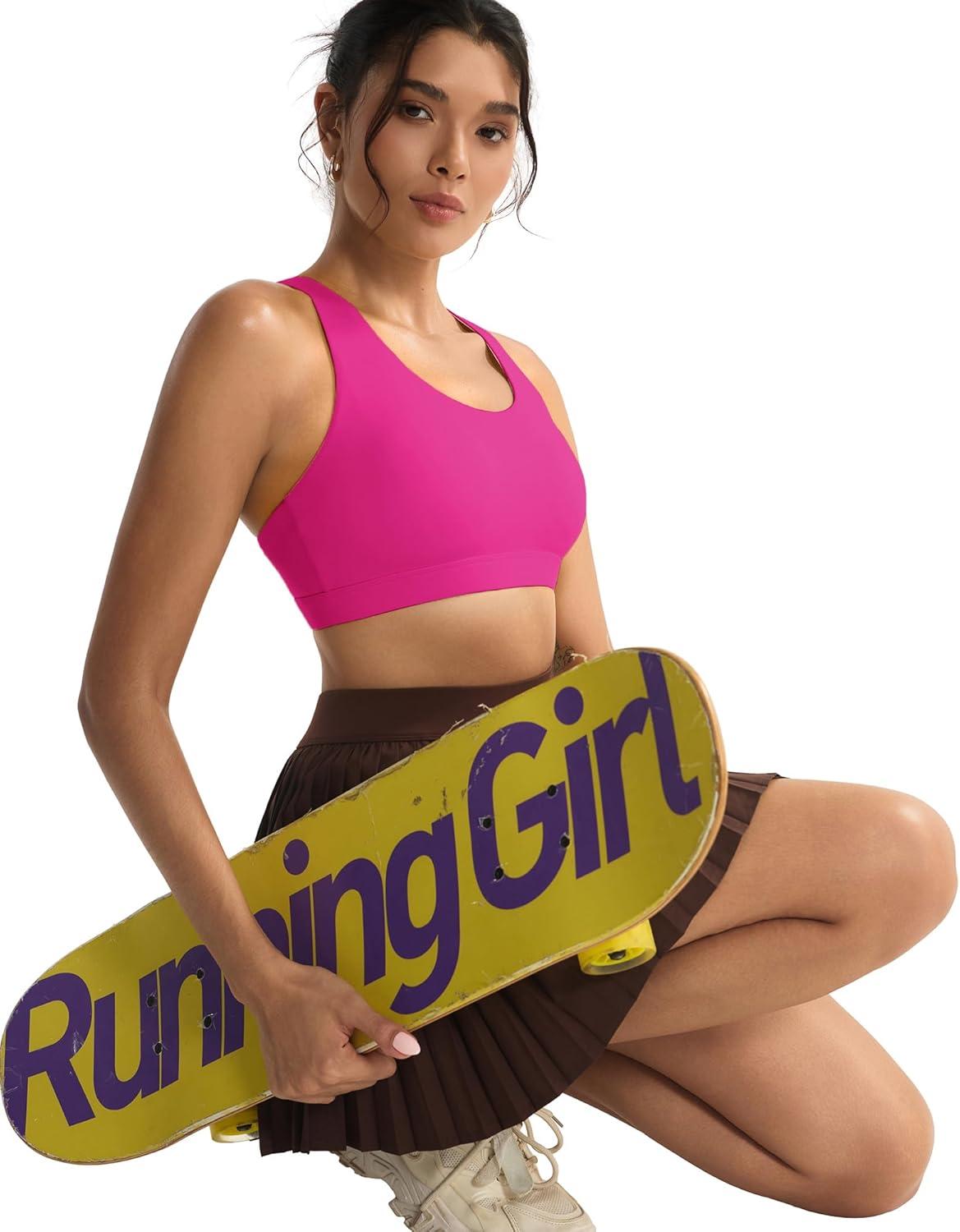 imageRUNNING GIRL Sports Bra for Women CrissCross Back Padded Strappy Sports Bras Medium Support Yoga Bra with Removable CupsHot Pink