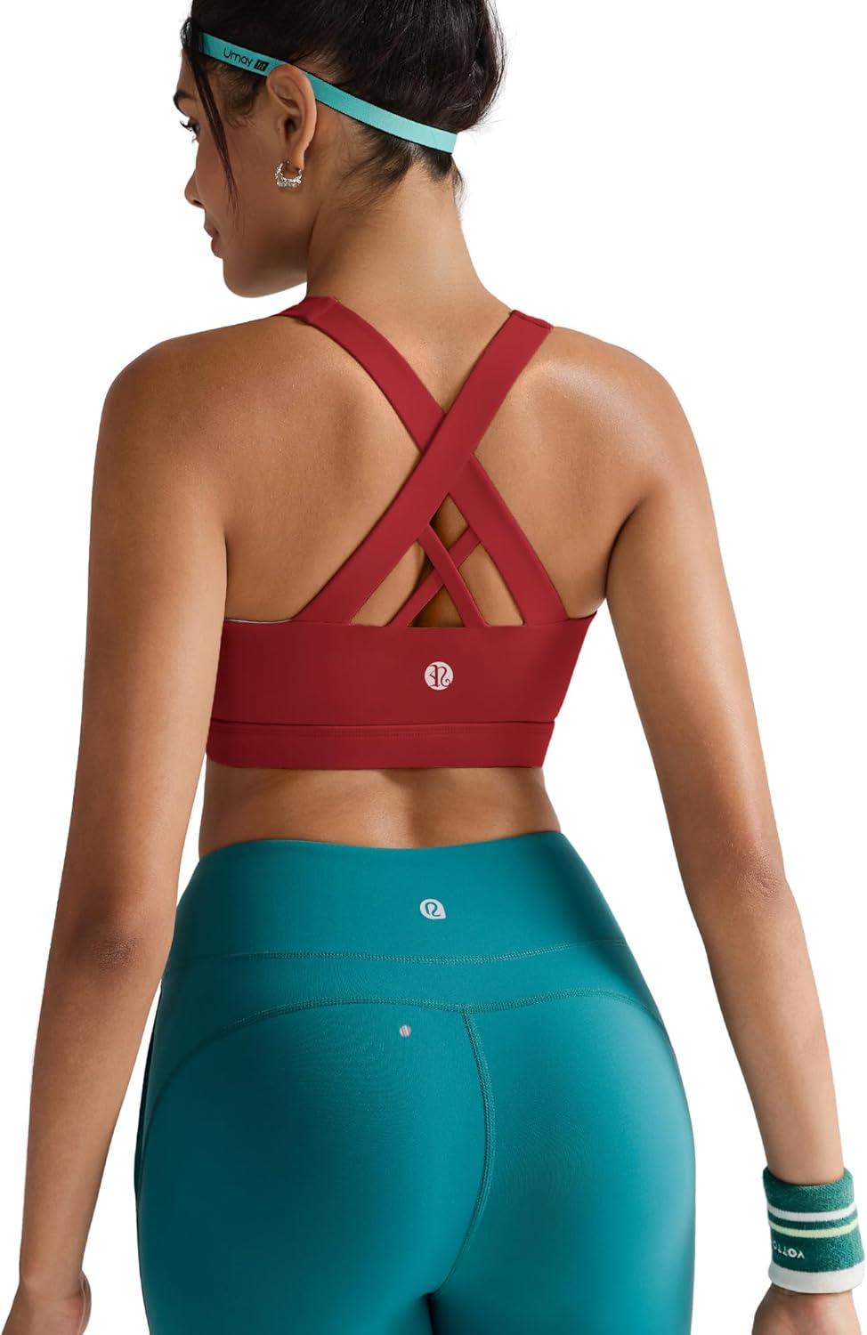 imageRUNNING GIRL Sports Bra for Women CrissCross Back Padded Strappy Sports Bras Medium Support Yoga Bra with Removable CupsRed
