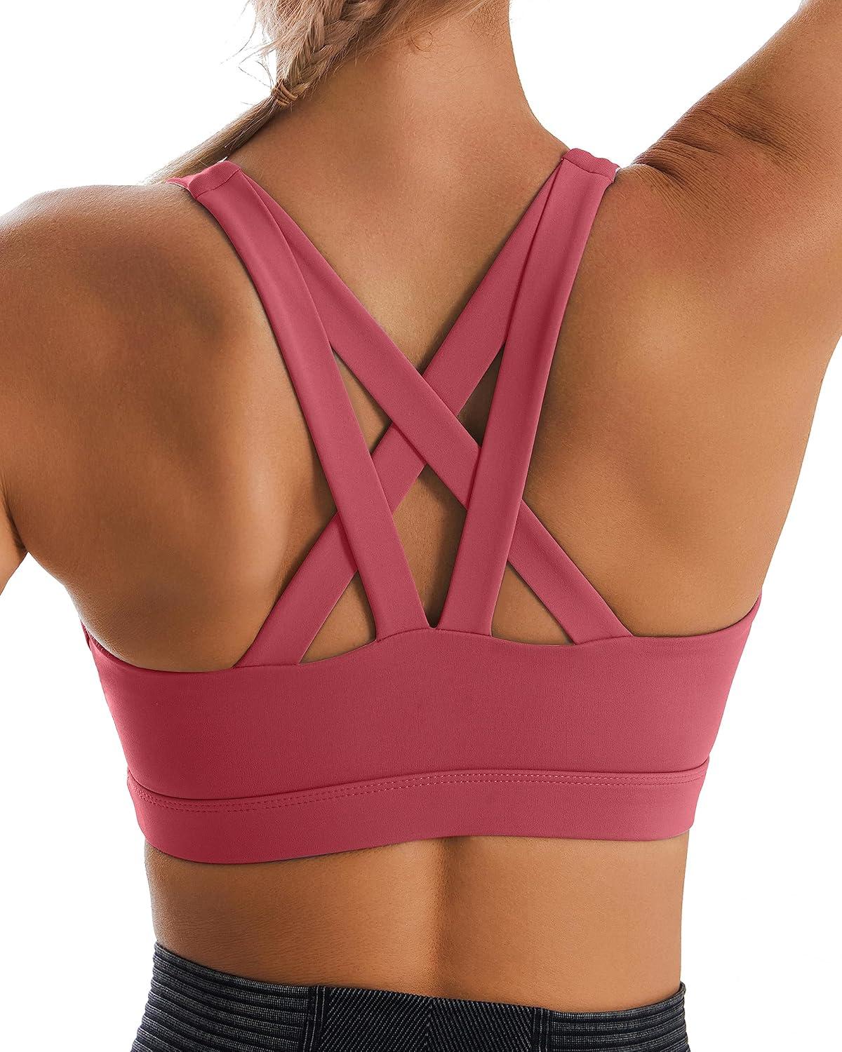 imageRUNNING GIRL Sports Bra for Women CrissCross Back Padded Strappy Sports Bras Medium Support Yoga Bra with Removable CupsRose Red