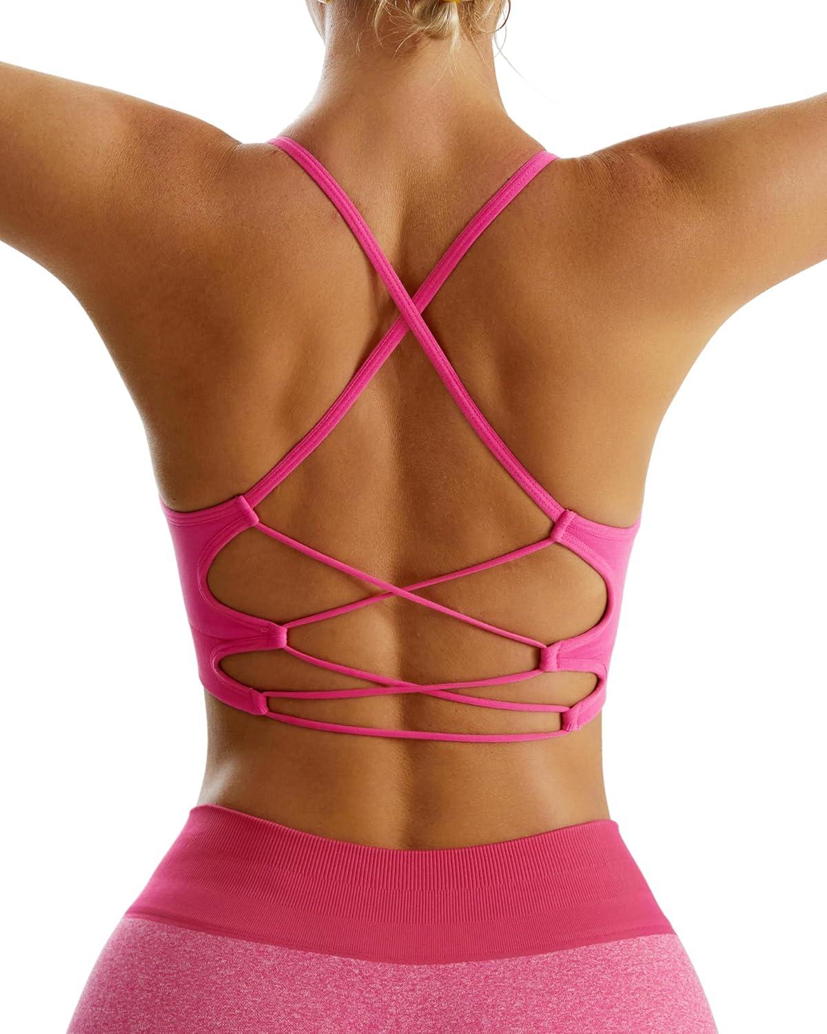 imageRUNNING GIRL Sports Bras for WomenSexy Crisscross Back Seamless Padded Sports Bra Medium Support with Removable PadsHot Pink