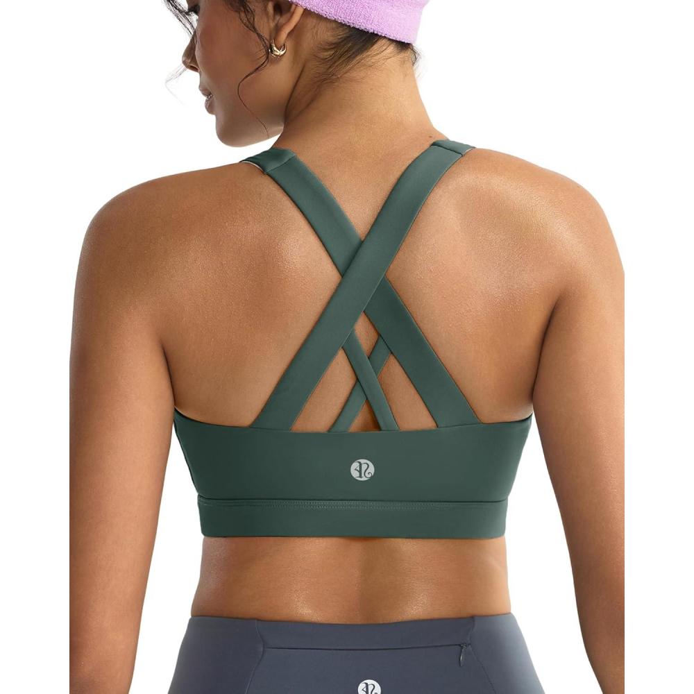 imageRUNNING GIRL Sports Bra for Women CrissCross Back Padded Strappy Sports Bras Medium Support Yoga Bra with Removable CupsAdark Green