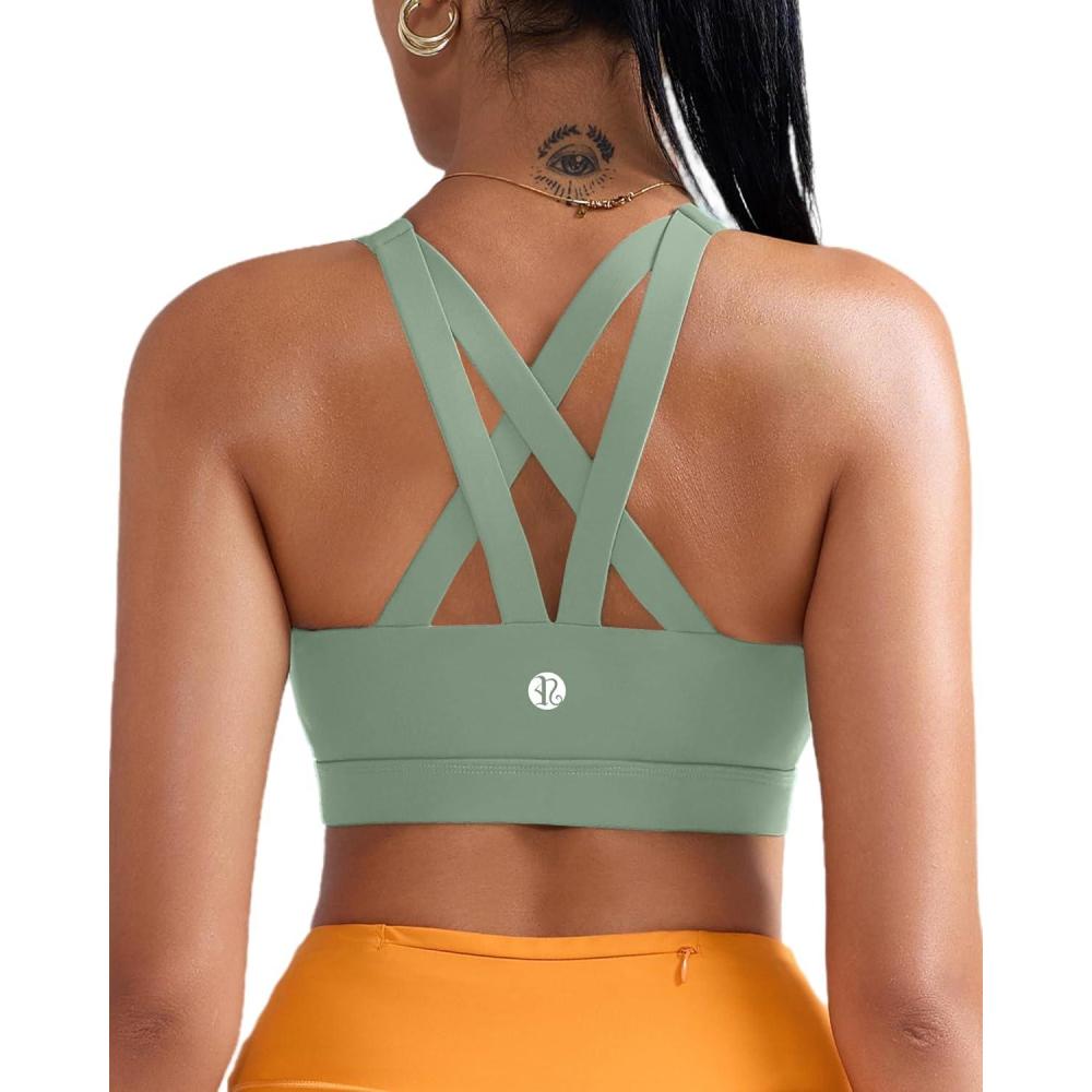 imageRUNNING GIRL Sports Bra for Women CrissCross Back Padded Strappy Sports Bras Medium Support Yoga Bra with Removable CupsBgreen