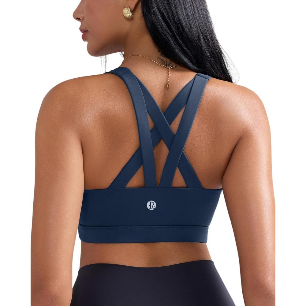 imageRUNNING GIRL Sports Bra for Women CrissCross Back Padded Strappy Sports Bras Medium Support Yoga Bra with Removable CupsBnavy Blue