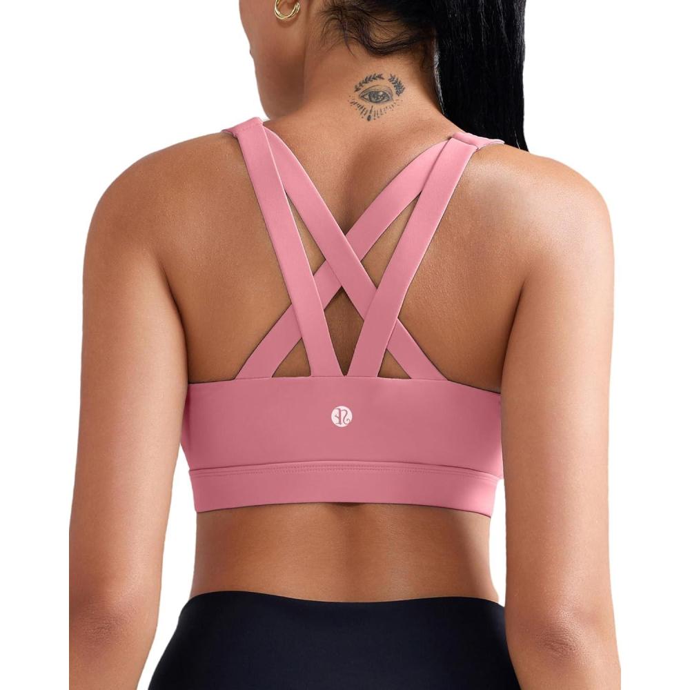 imageRUNNING GIRL Sports Bra for Women CrissCross Back Padded Strappy Sports Bras Medium Support Yoga Bra with Removable CupsBpink