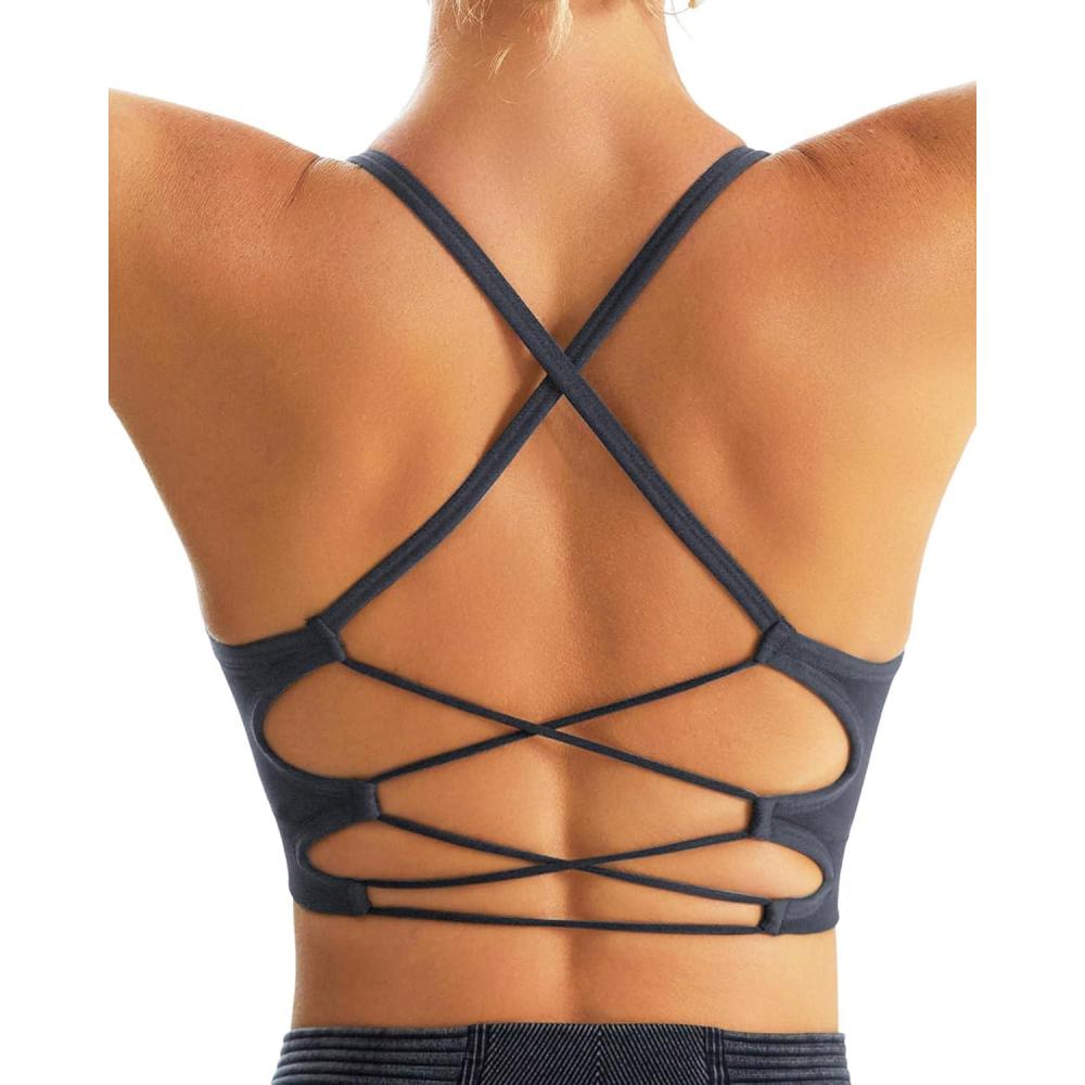imageRUNNING GIRL Sports Bras for WomenSexy Crisscross Back Seamless Padded Sports Bra Medium Support with Removable PadsGrey