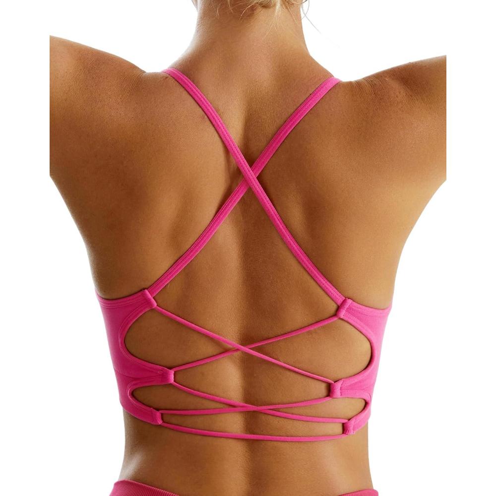 imageRUNNING GIRL Sports Bras for WomenSexy Crisscross Back Seamless Padded Sports Bra Medium Support with Removable PadsHot Pink