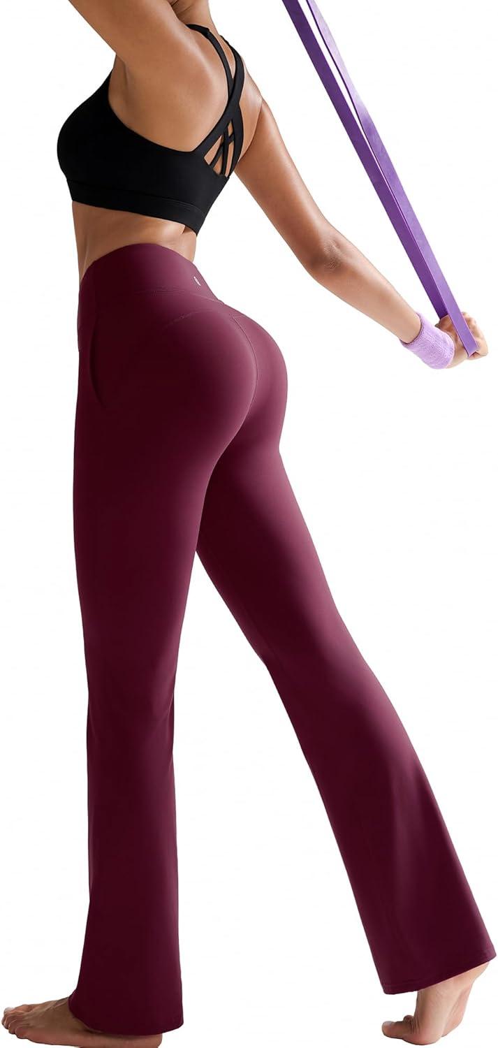 imageRUNNING GIRL Flare Pants with Pockets High Waist Yoga Pants Buttery Soft Bootcut Wide Leg Leggings for WomenMaroon