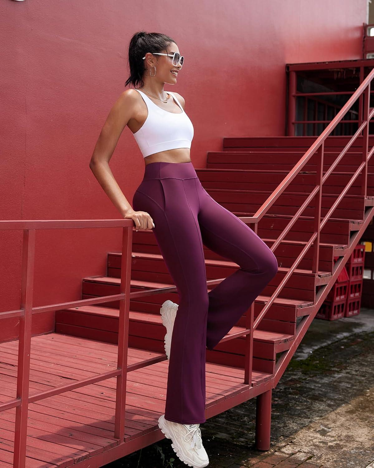 imageRUNNING GIRL Flare Pants with Pockets High Waist Yoga Pants Buttery Soft Bootcut Wide Leg Leggings for WomenMaroon