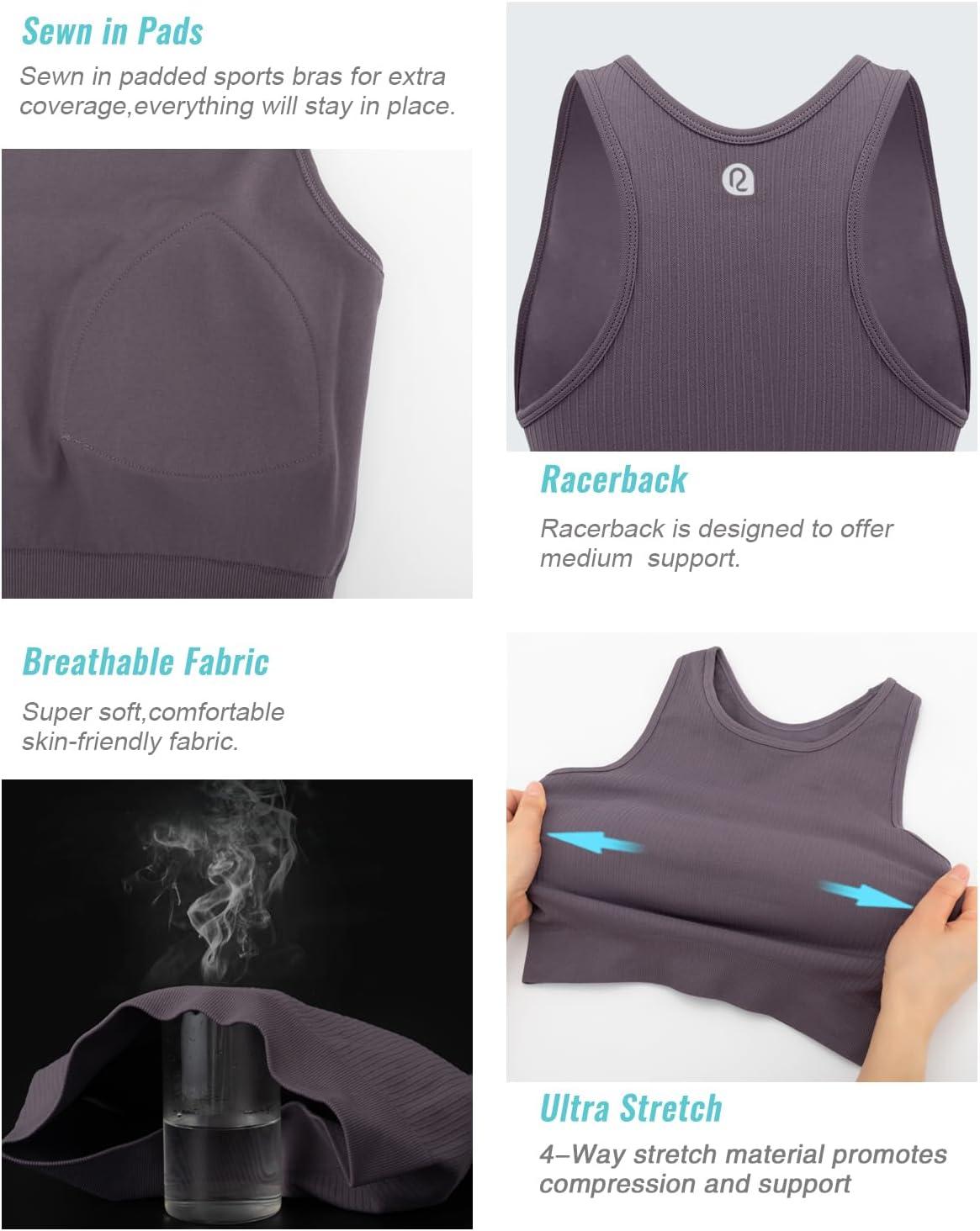 imageRUNNING GIRL Sports Bras for Women High Impact Seamless Ribbed Longline High Neck Workout Crop Tank Tops PaddedAdark Grey