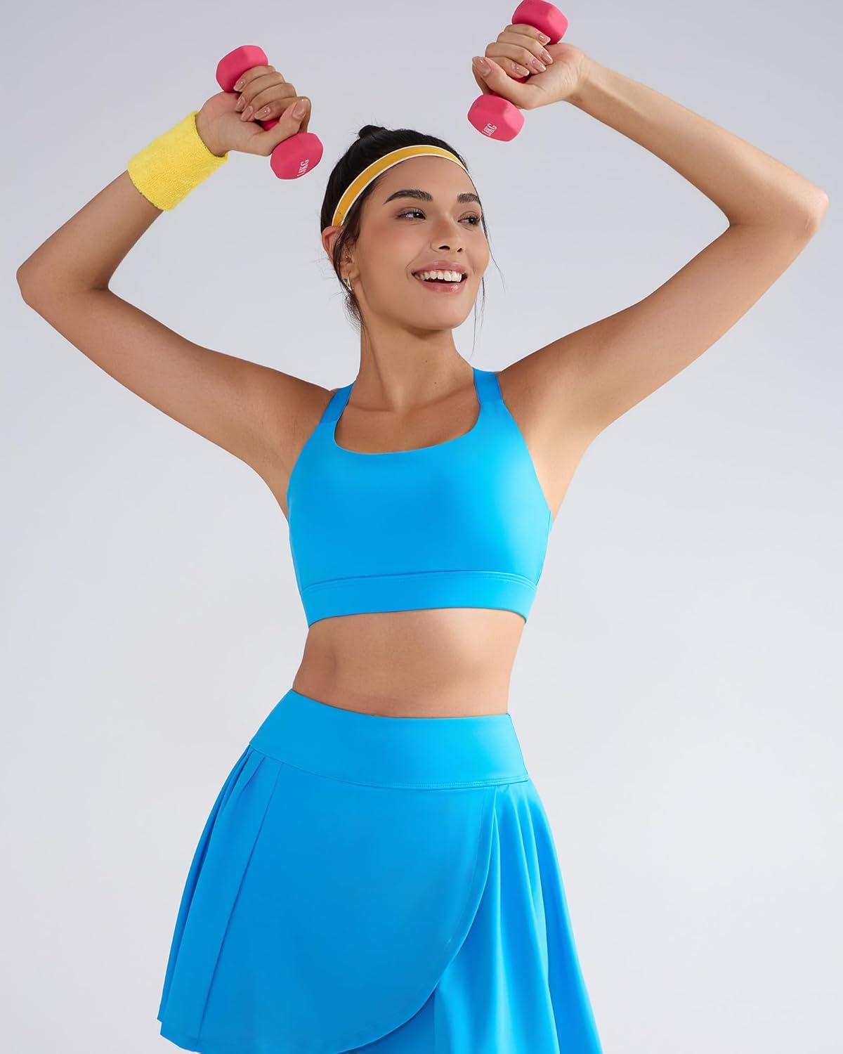 imageRUNNING GIRL Sports Bras for Women High Support Adjustable Straps Hook Back Sports Bras for Women with Sewn in PadsBright Blue