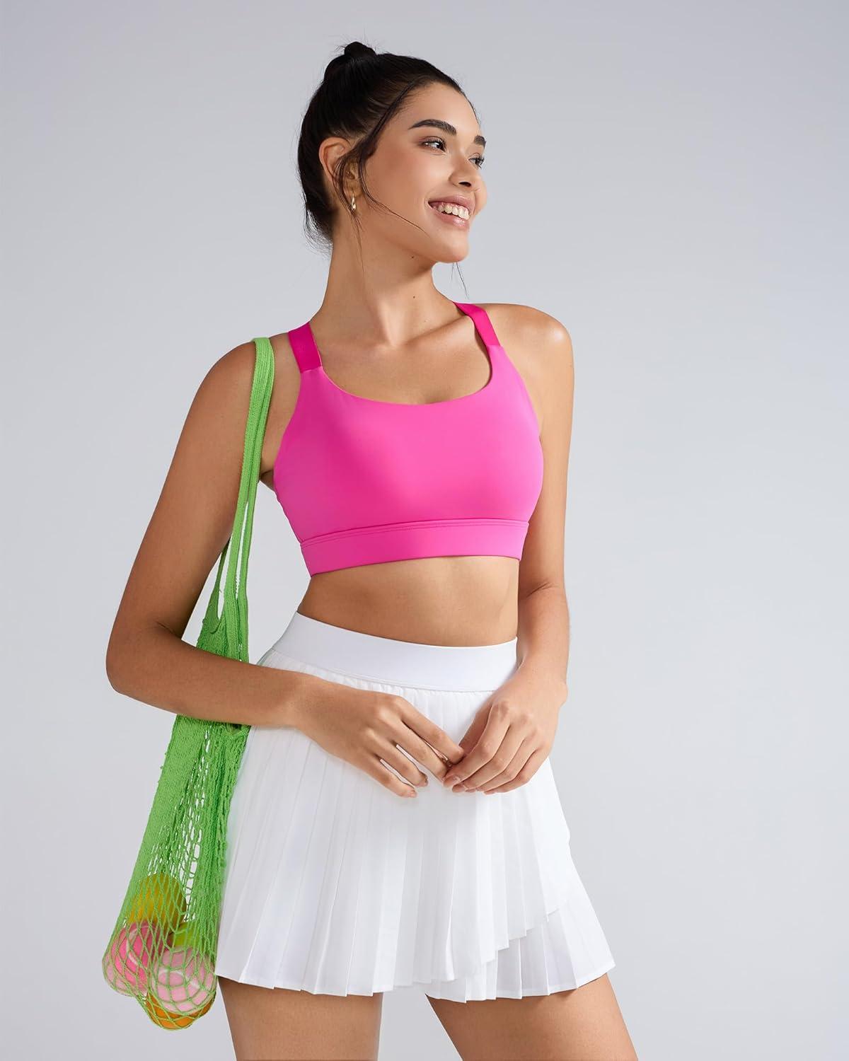 imageRUNNING GIRL Sports Bras for Women High Support Adjustable Straps Hook Back Sports Bras for Women with Sewn in PadsHot Pink