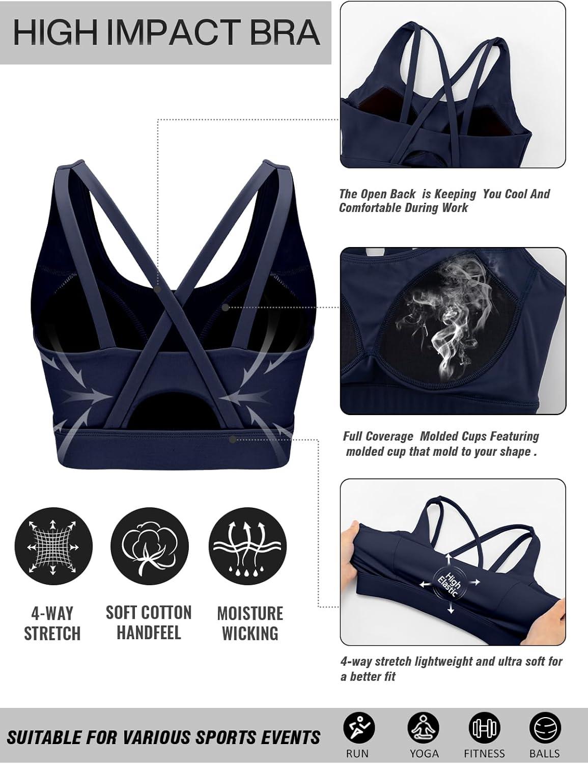 imageRUNNING GIRL Sports Bras for Women High Support Molded Cup Strappy High Impact Sports Bras for Women with Sewn in PadsNavy Blue