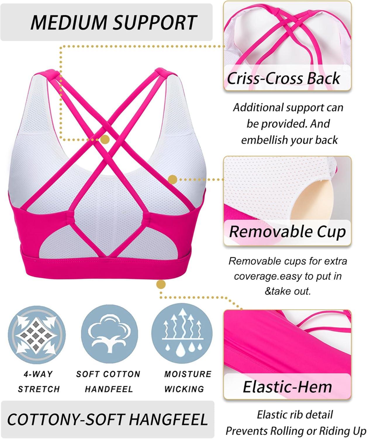 imageRUNNING GIRL Sports Bras for Women MediumHigh Impact Running Strappy Sports Bra with Removable PadsBsuper Pink