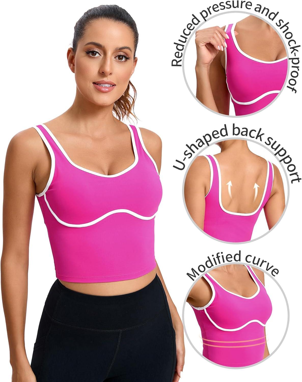 imageRUNNING GIRL Sports Bras for WomenLongline Workout Crop Tank Tops Padded with Built in Shelf Padded Sports BraHot Pink