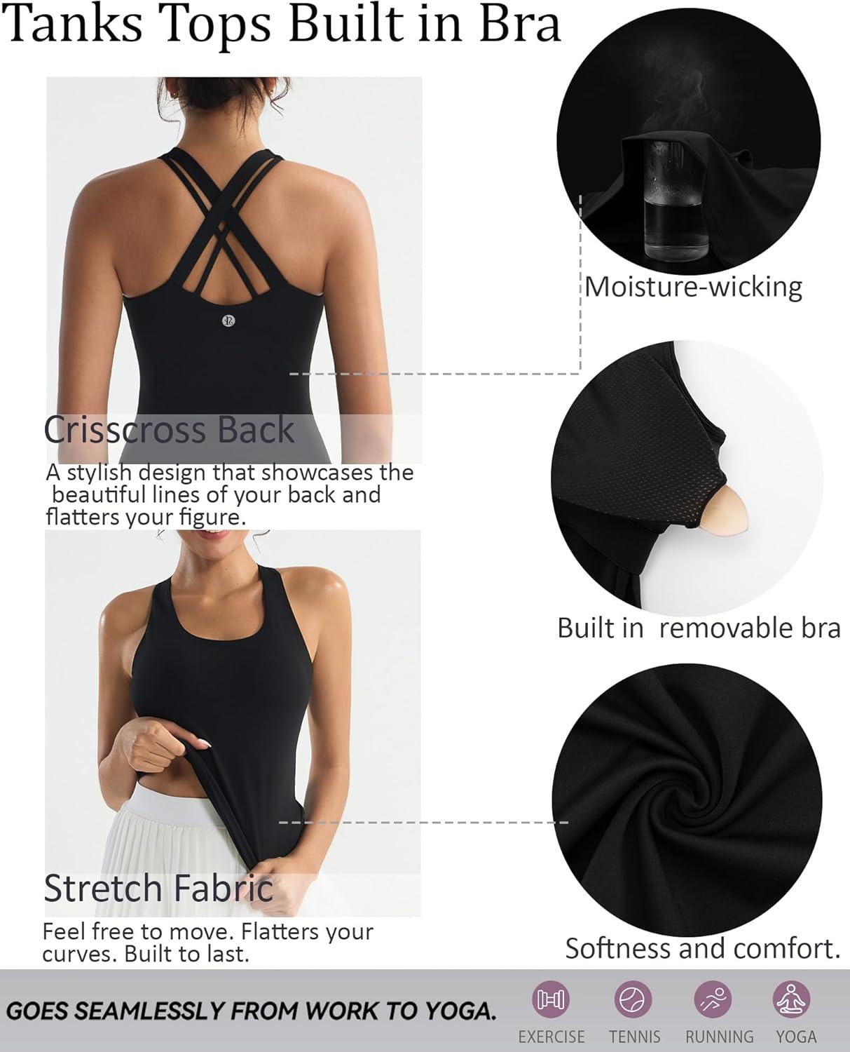 imageRUNNING GIRL Tank top with Built in Bra for WomenCompression Shirts Crisscross Back Workout Yoga TopsBlack