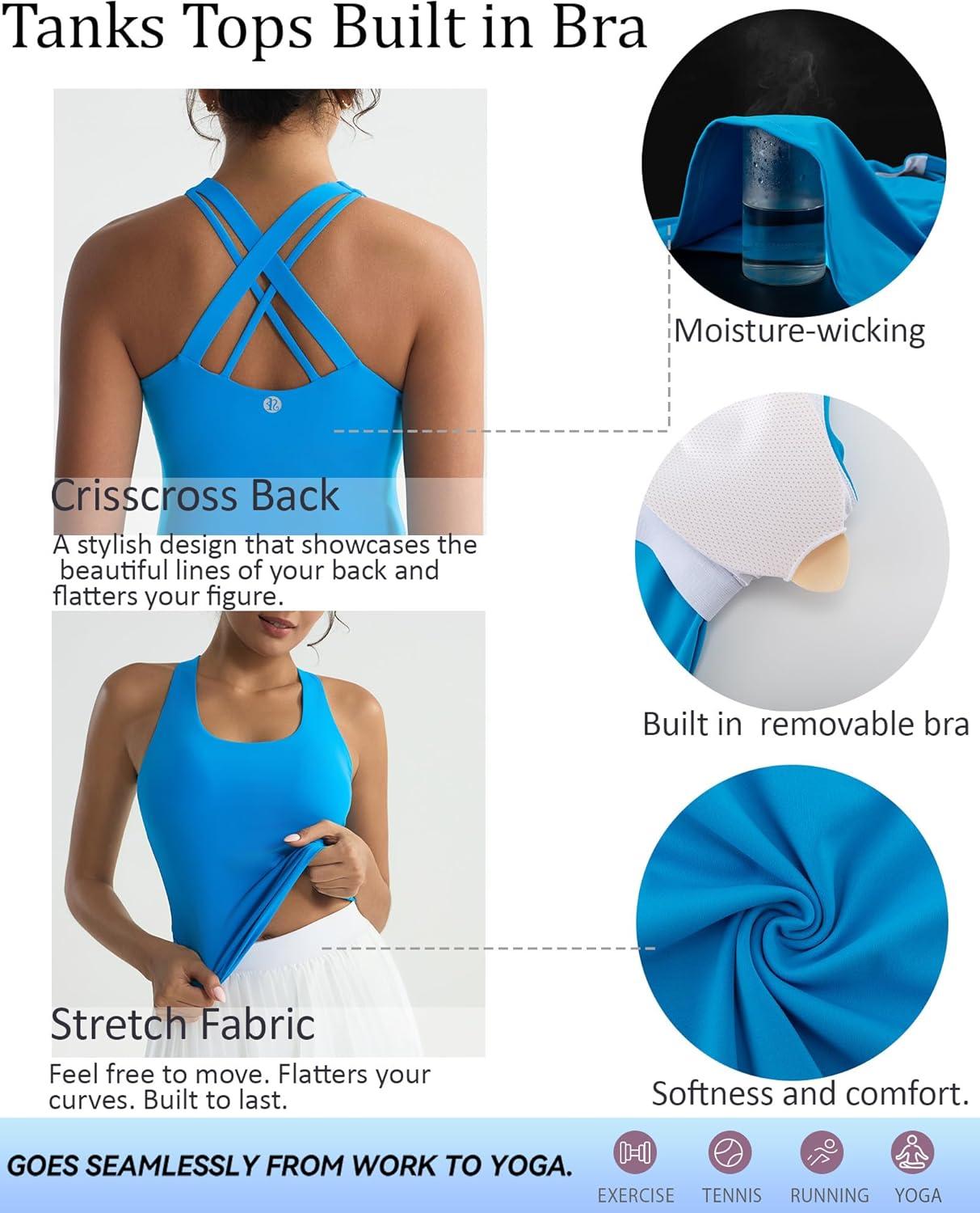 imageRUNNING GIRL Tank top with Built in Bra for WomenCompression Shirts Crisscross Back Workout Yoga TopsBright Blue