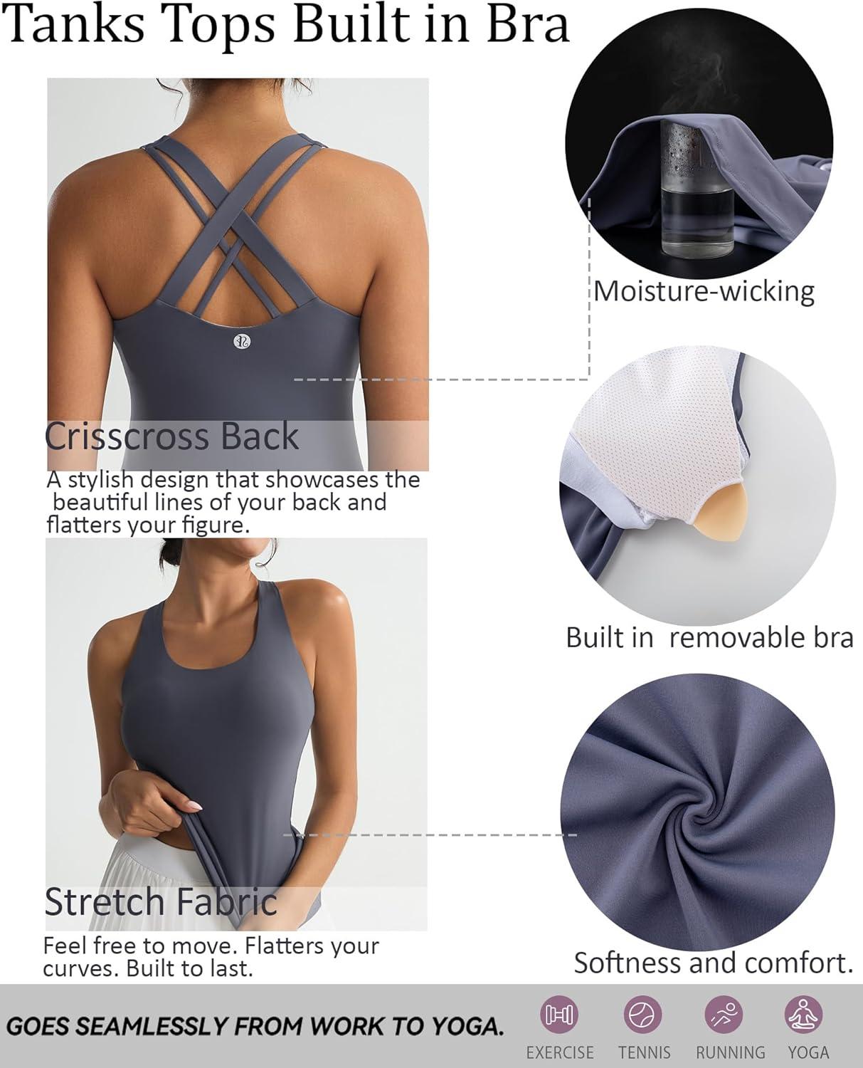 imageRUNNING GIRL Tank top with Built in Bra for WomenCompression Shirts Crisscross Back Workout Yoga TopsDark Grey