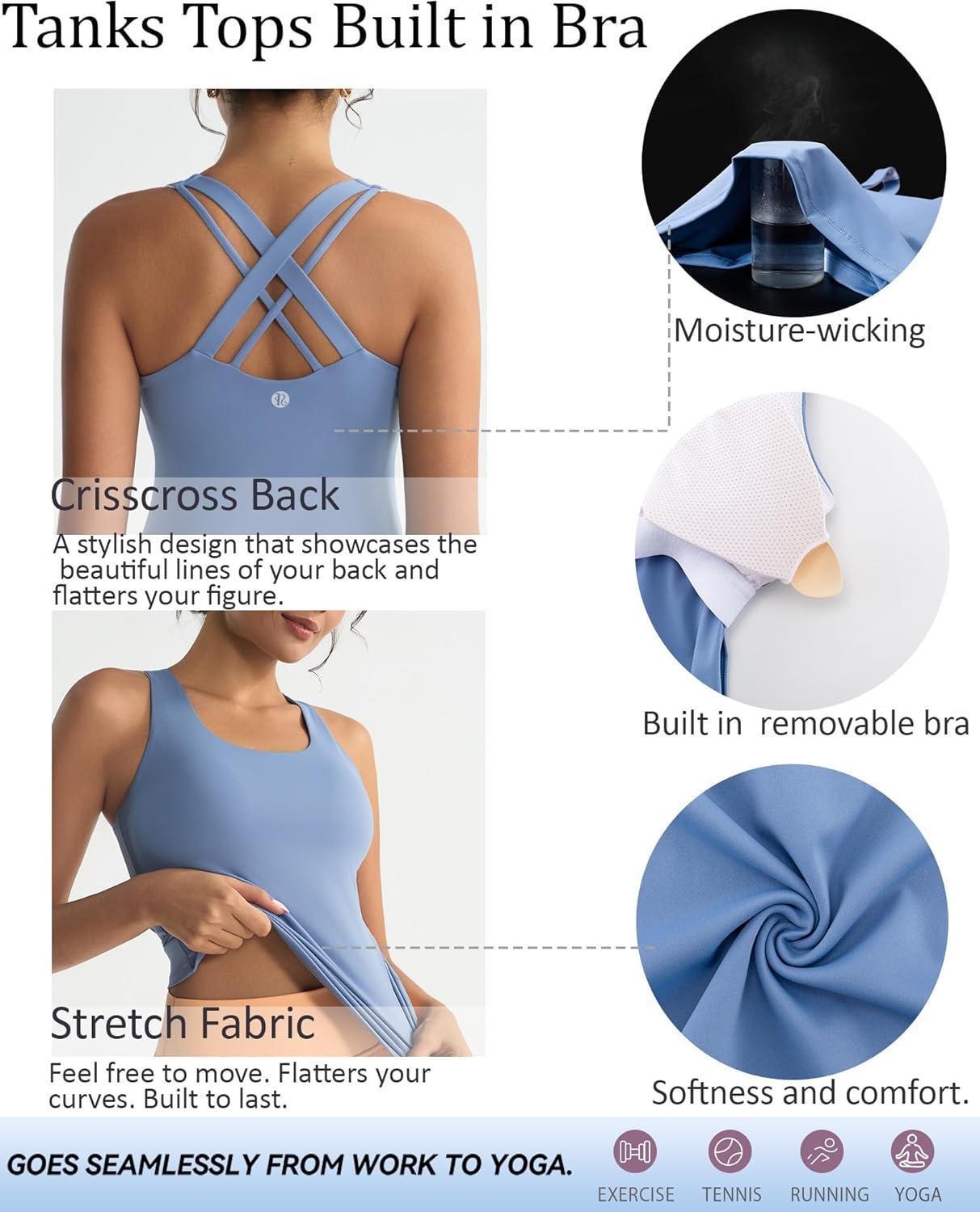 imageRUNNING GIRL Tank top with Built in Bra for WomenCompression Shirts Crisscross Back Workout Yoga TopsLight Blue