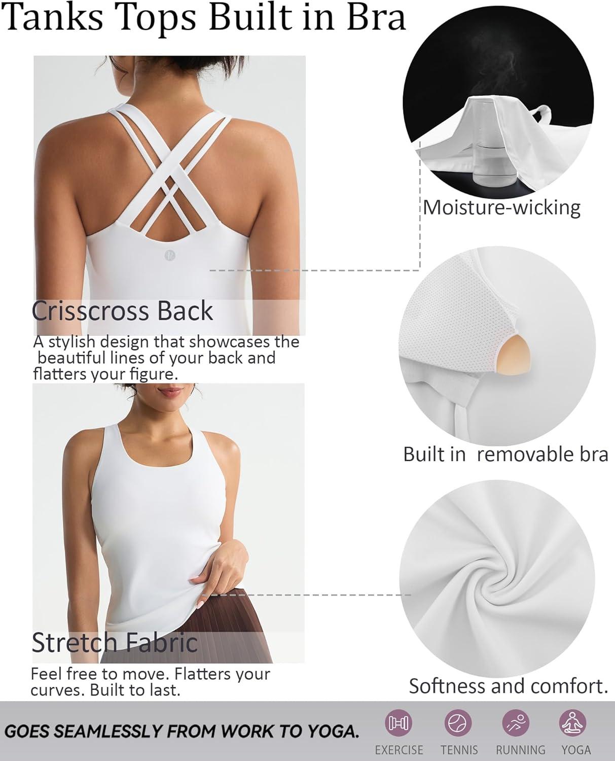 imageRUNNING GIRL Tank top with Built in Bra for WomenCompression Shirts Crisscross Back Workout Yoga TopsWhite