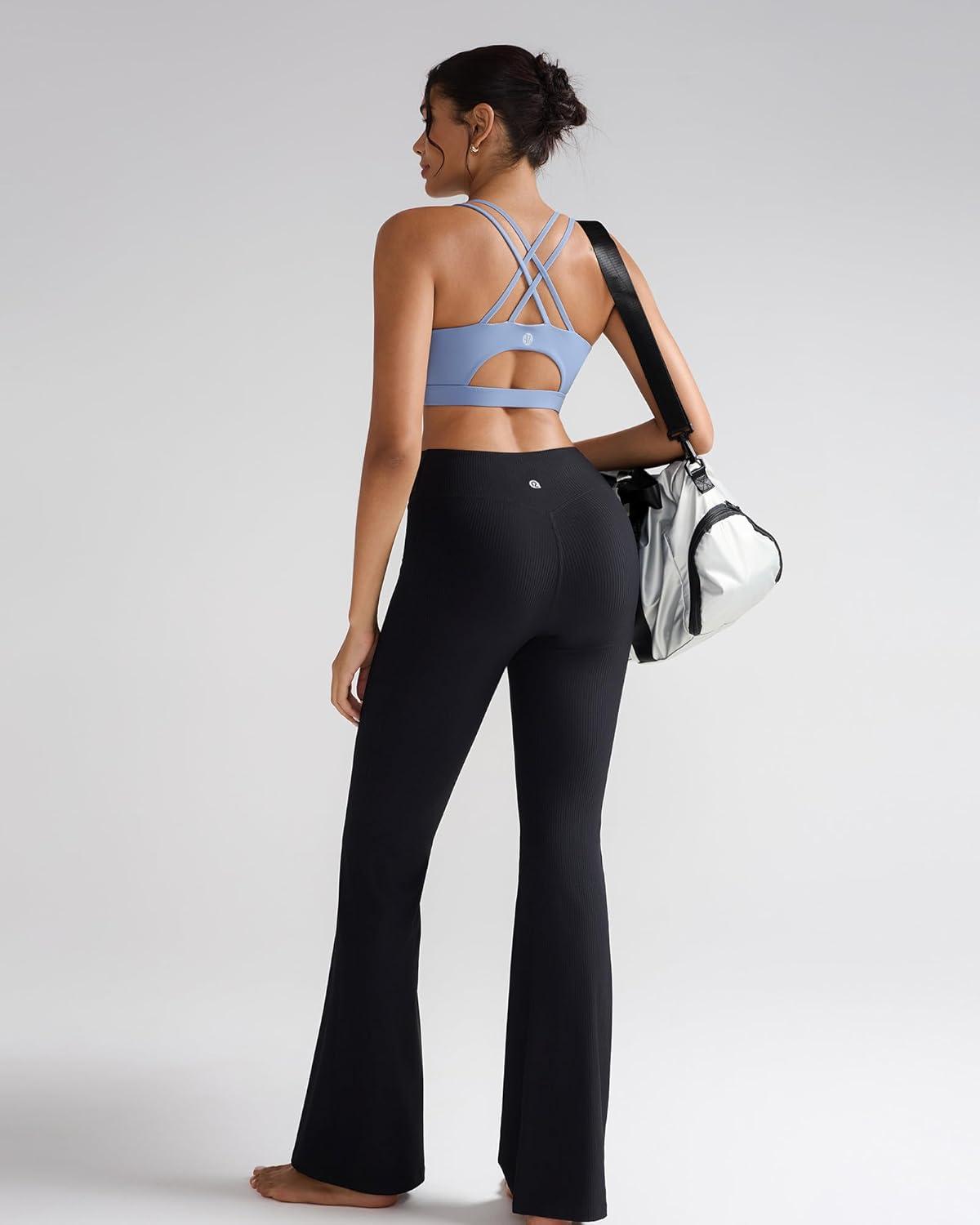 imageRUNNING GIRL Womens Ribbed V Crossover High Waist Yoga Pants Flare Leggings for Women with Side PocketsBlack