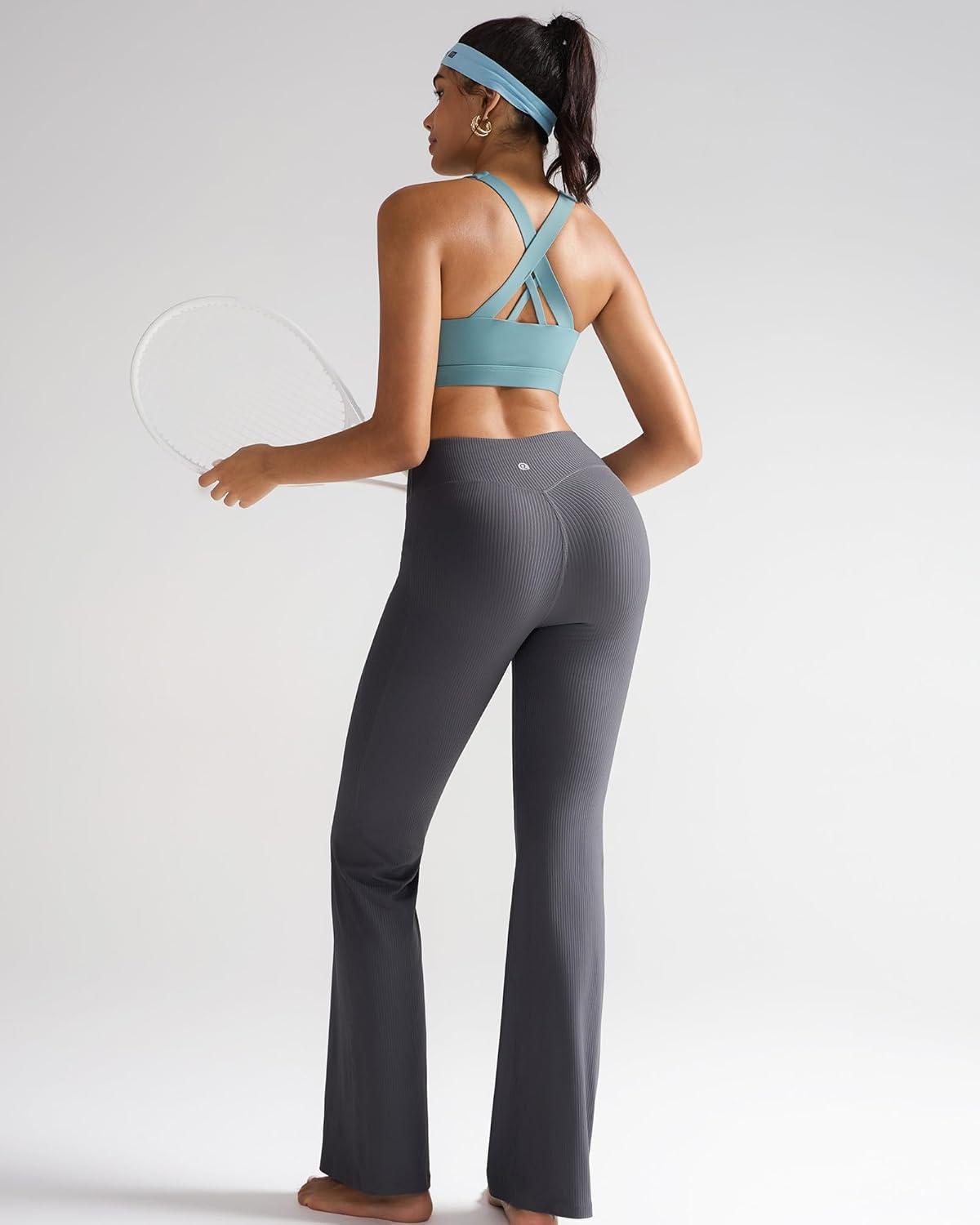 imageRUNNING GIRL Womens Ribbed V Crossover High Waist Yoga Pants Flare Leggings for Women with Side PocketsGrey