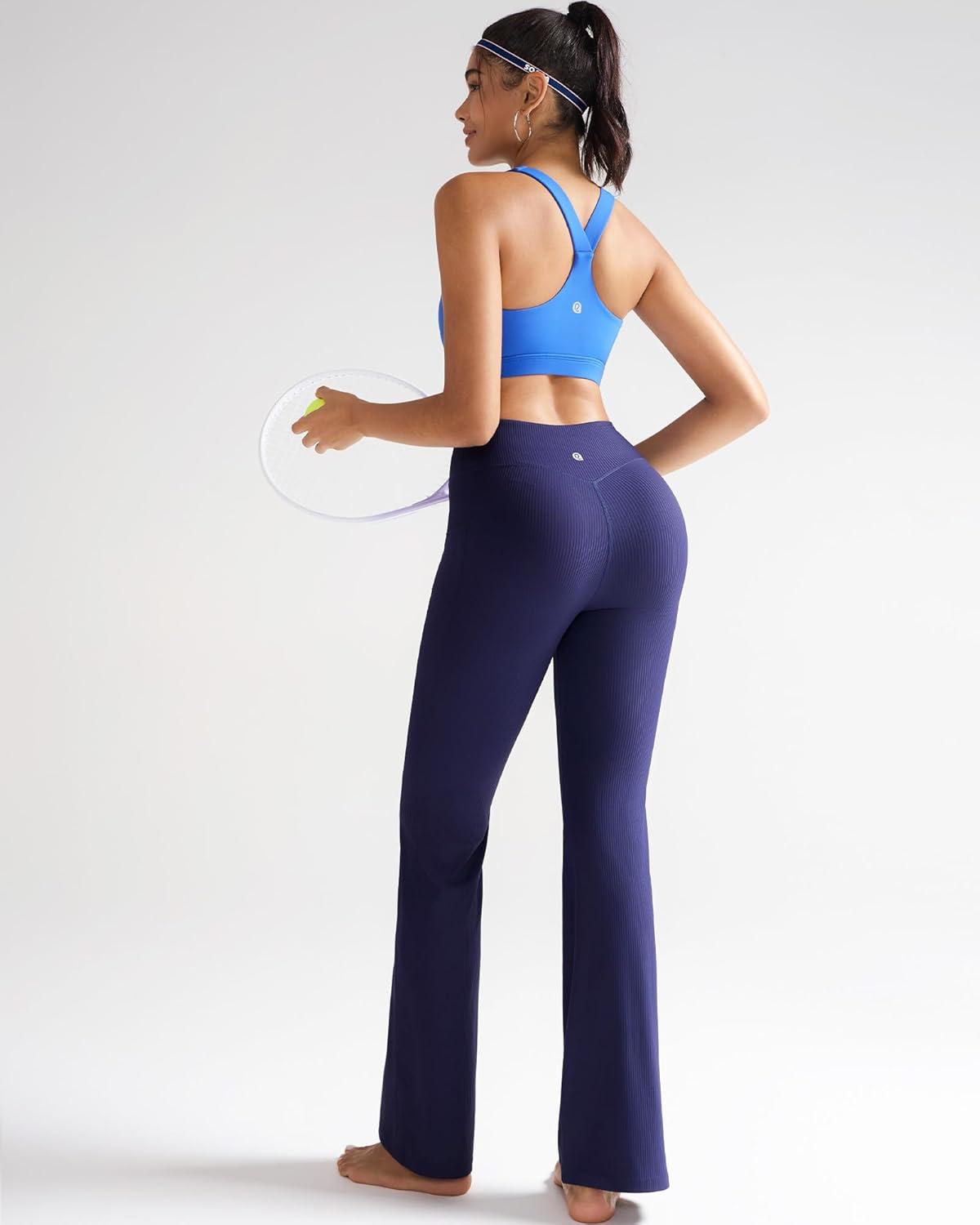 imageRUNNING GIRL Womens Ribbed V Crossover High Waist Yoga Pants Flare Leggings for Women with Side PocketsNavy Blue