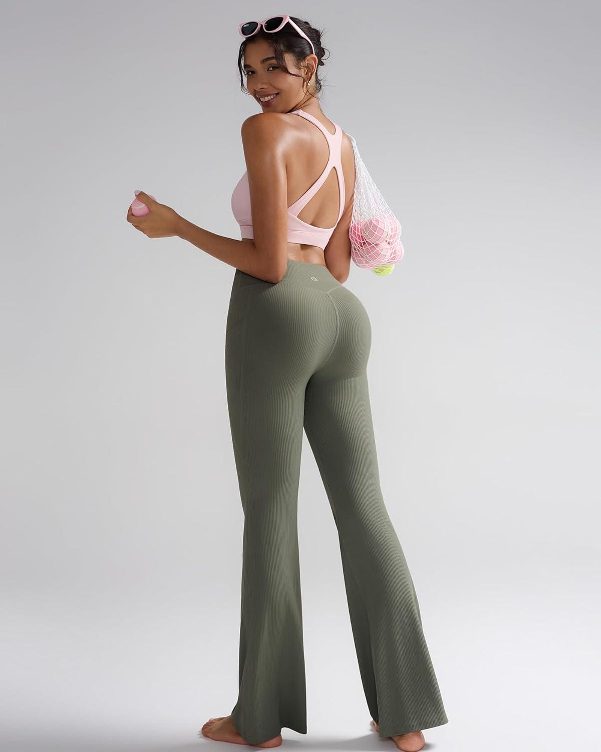 imageRUNNING GIRL Womens Ribbed V Crossover High Waist Yoga Pants Flare Leggings for Women with Side PocketsOlive Green