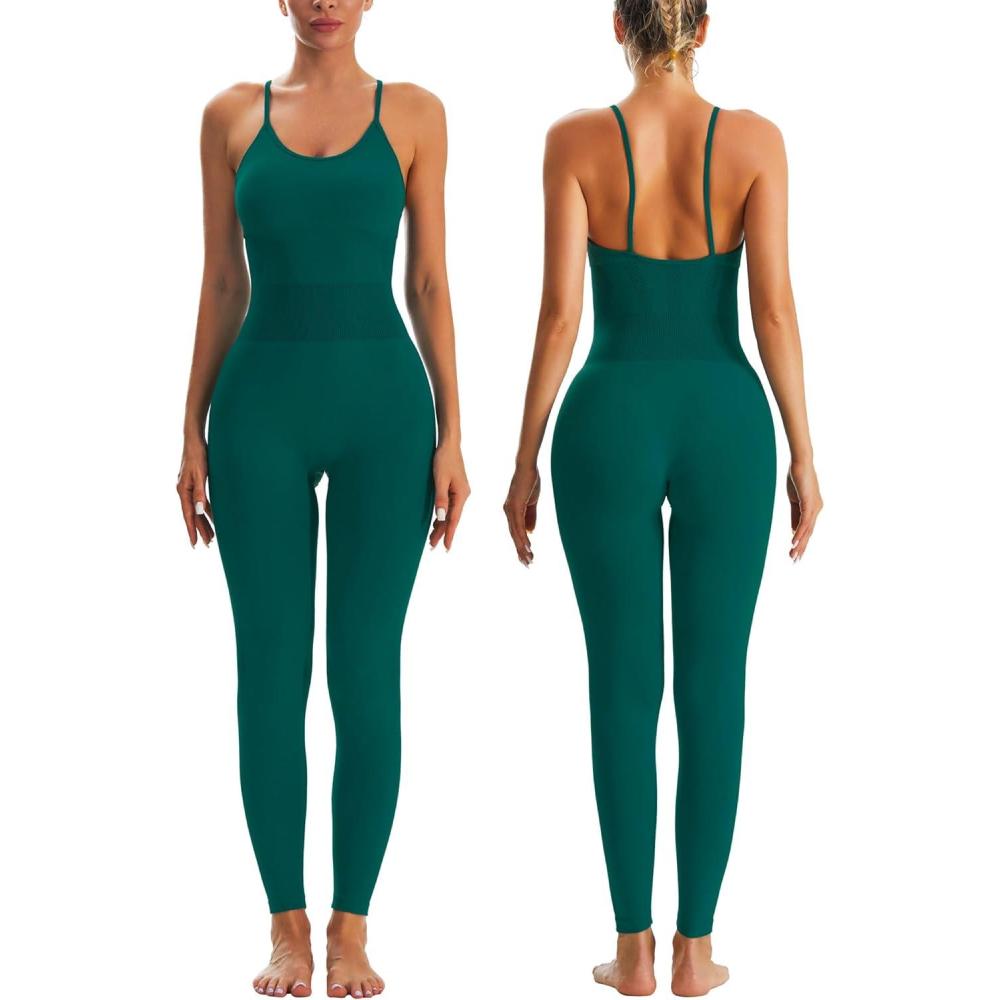 imageRUNNING GIRL Black Jumpsuits for Women Ribbed Backless Sexy One Piece Outfits Tummy Control Unitard Bodysuit Athletic Rompers