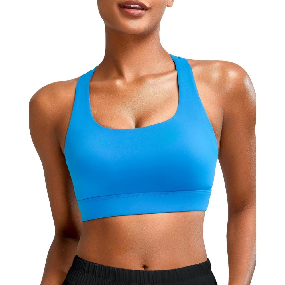 imageRUNNING GIRL High Impact Sports Bras for Women  Scoop Neck Strappy Sports Bra High Support Moulded Cup Workout BraAbright Blue