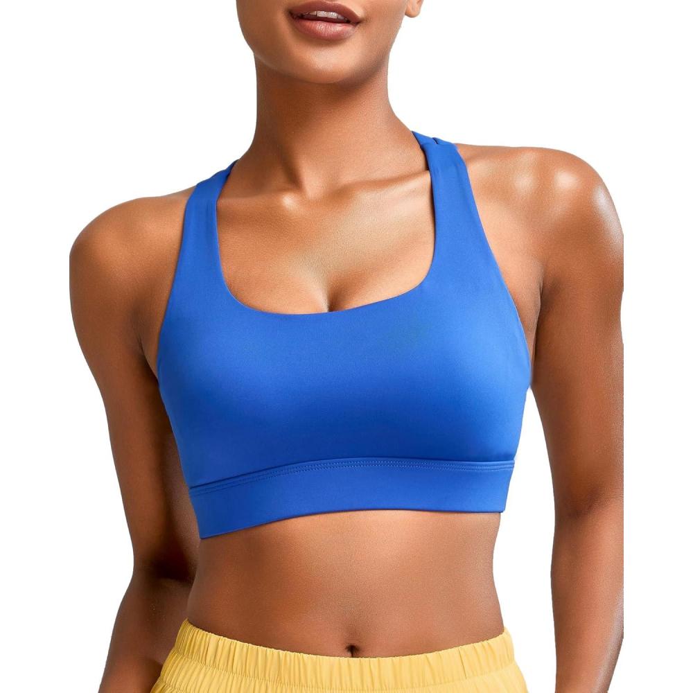 imageRUNNING GIRL High Impact Sports Bras for Women  Scoop Neck Strappy Sports Bra High Support Moulded Cup Workout BraAcerulean Blue
