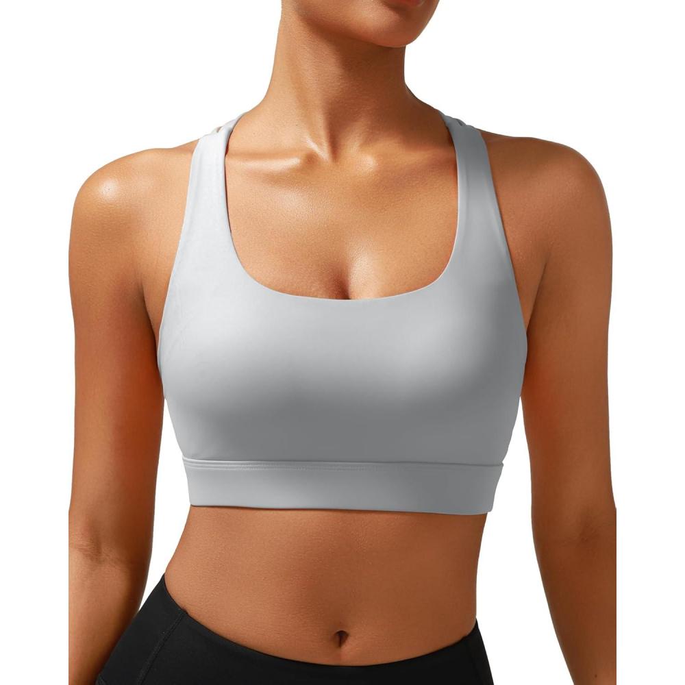 imageRUNNING GIRL High Impact Sports Bras for Women  Scoop Neck Strappy Sports Bra High Support Moulded Cup Workout BraAicy Grey