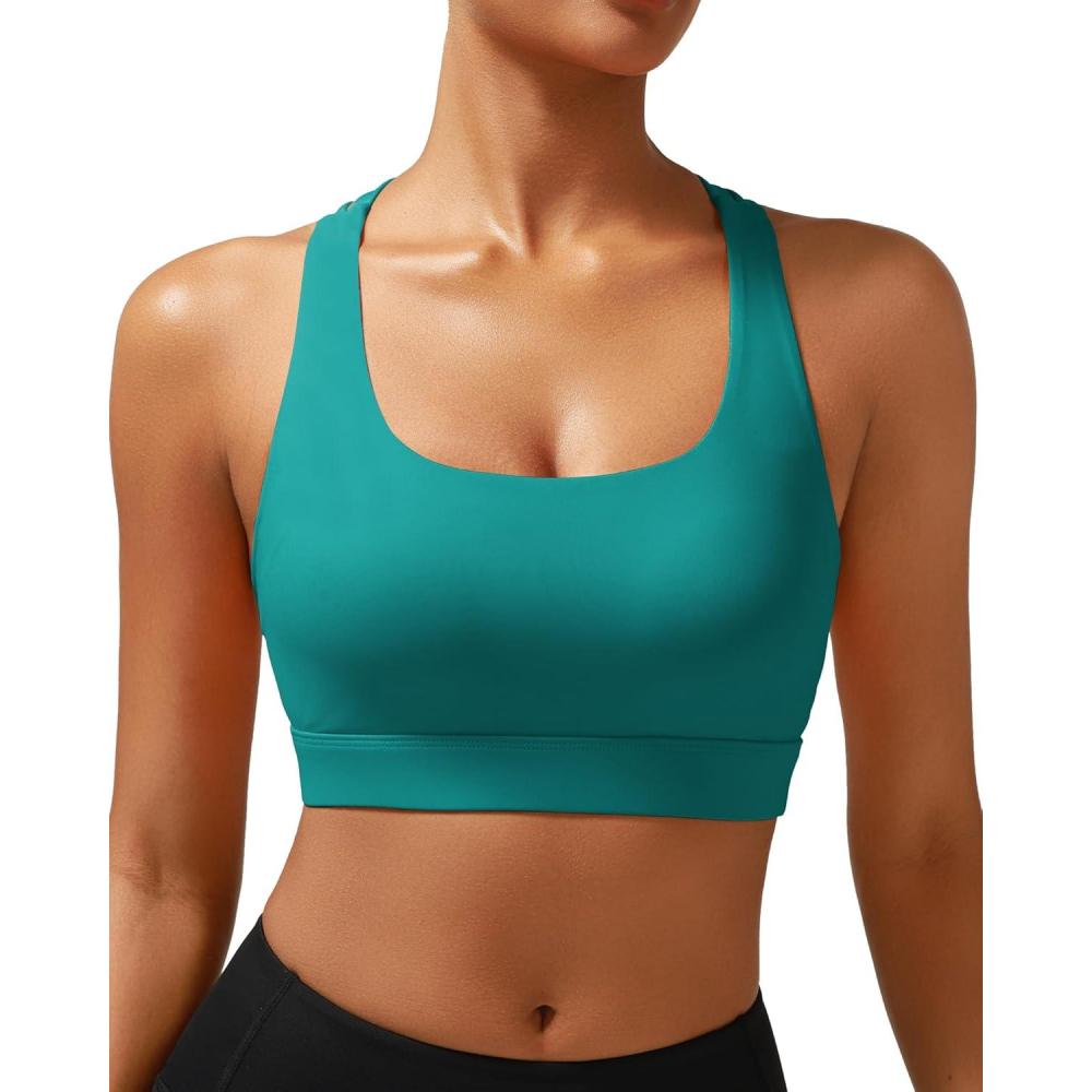 imageRUNNING GIRL High Impact Sports Bras for Women  Scoop Neck Strappy Sports Bra High Support Moulded Cup Workout BraAstorm Teal