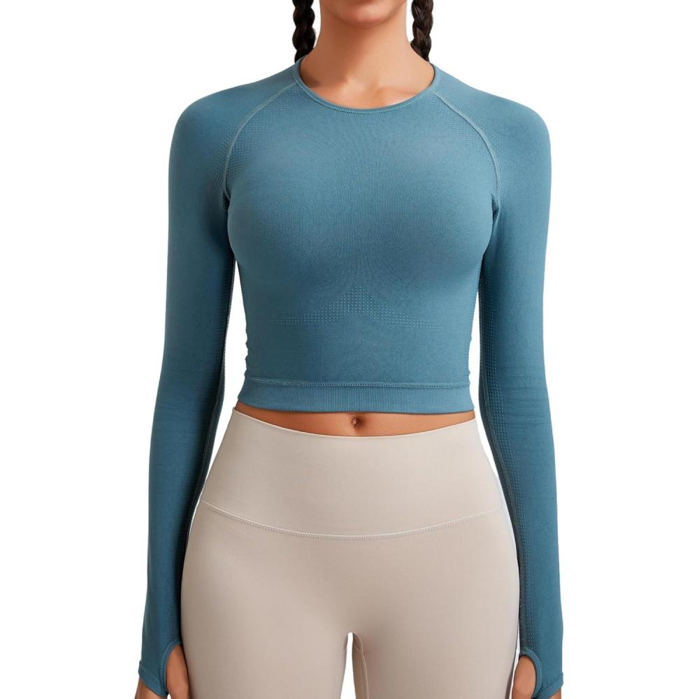 imageRUNNING GIRL Long Sleeve Workout Tops for Women Soft Crew Neck Basic Tight Cropped Top Casual Seamless ShirtAevening Blue