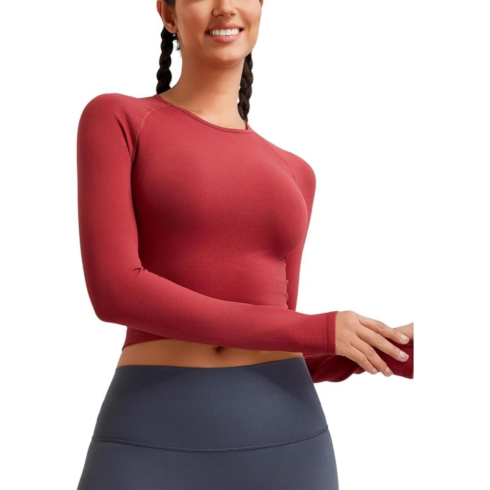 imageRUNNING GIRL Long Sleeve Workout Tops for Women Soft Crew Neck Basic Tight Cropped Top Casual Seamless ShirtAred