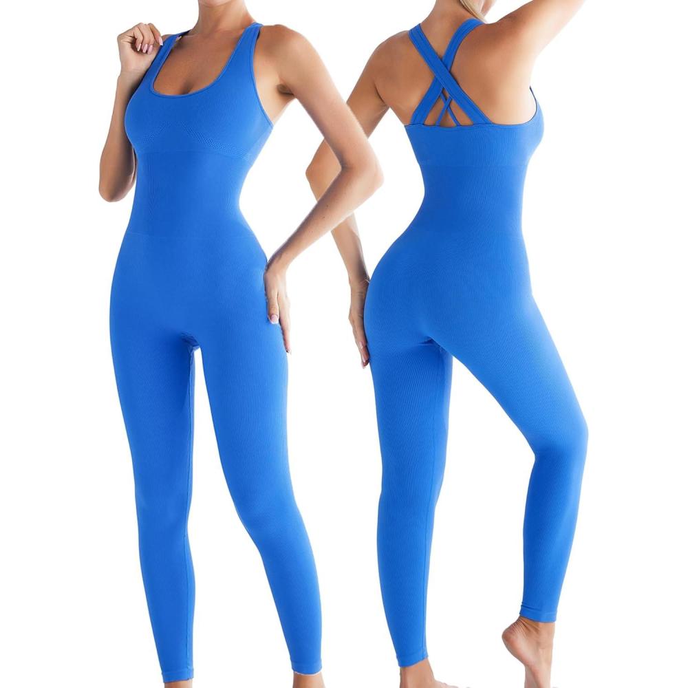 imageRUNNING GIRL One Piece Jumpsuit Yoga Bodycon Ribbed Jumpsuit with Tummy Control Bodysuits for Women Full Length1blue