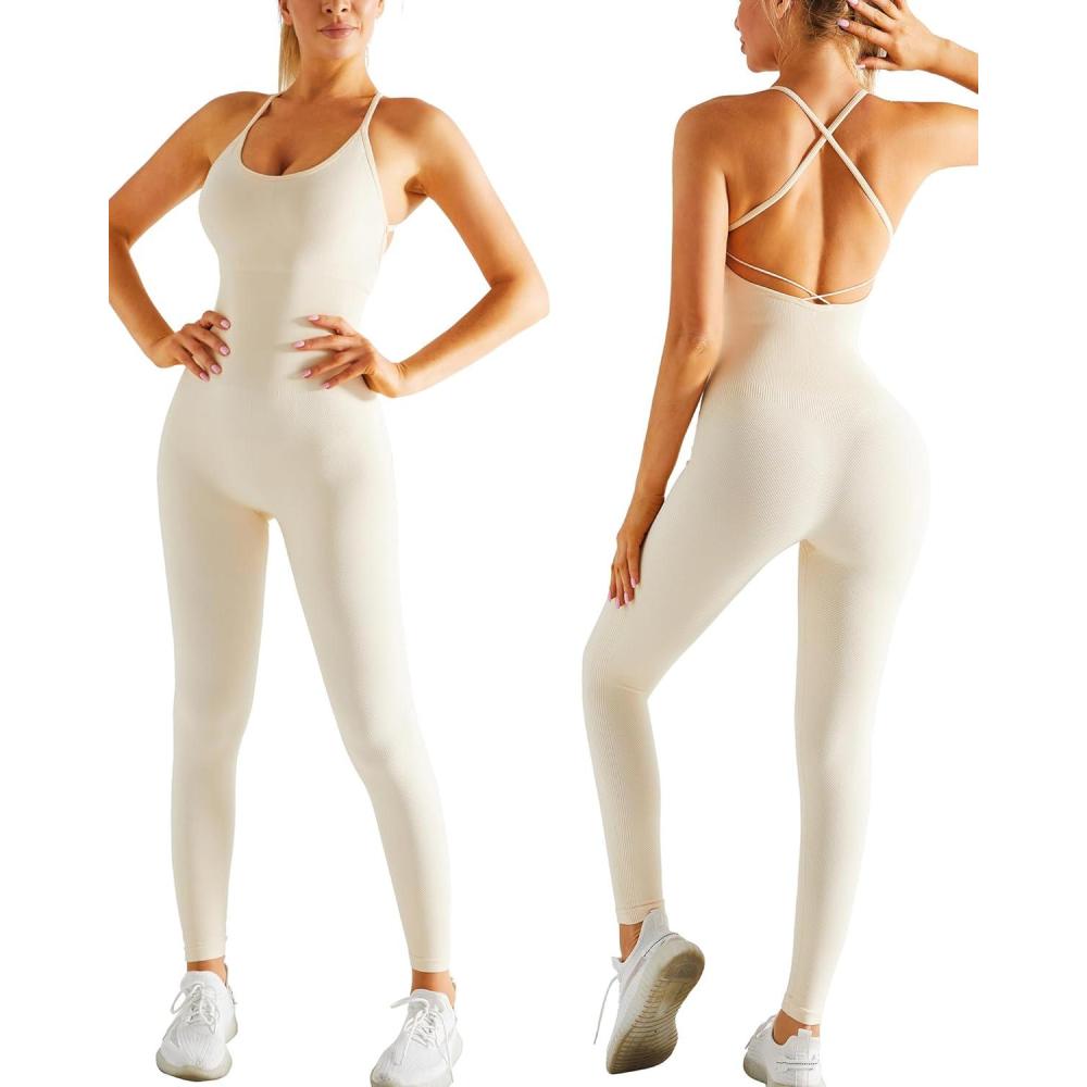 imageRUNNING GIRL One Piece Jumpsuit Yoga Bodycon Ribbed Jumpsuit with Tummy Control Bodysuits for Women Full LengthBeige