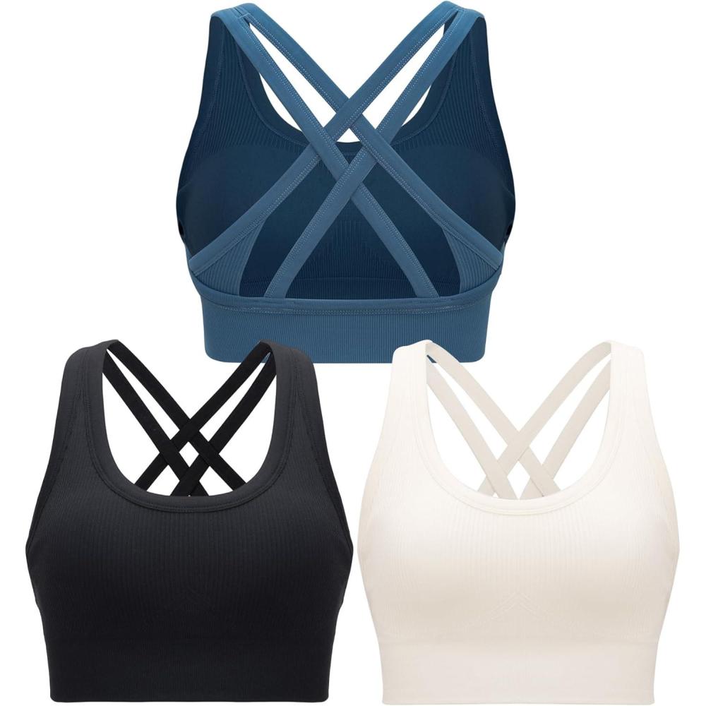 imageRUNNING GIRL Sports Bra for Women High Support CrissCross Back Padded Strappy Sports Bras Yoga Bra with Removable Cups1blackwhitedark Blue