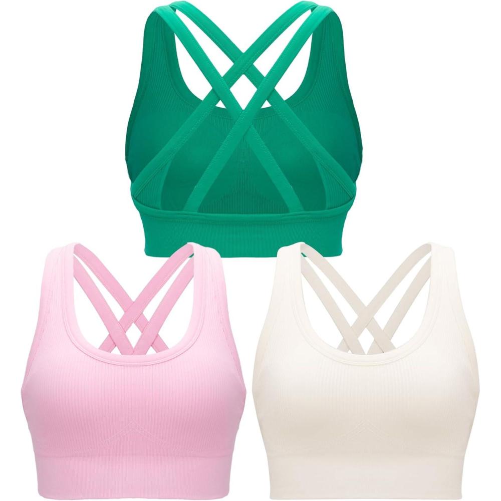 imageRUNNING GIRL Sports Bra for Women High Support CrissCross Back Padded Strappy Sports Bras Yoga Bra with Removable Cups1whitepinkgreen