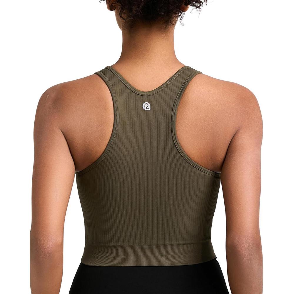 imageRUNNING GIRL Sports Bras for Women High Impact Seamless Ribbed Longline High Neck Workout Crop Tank Tops PaddedAarmy Green