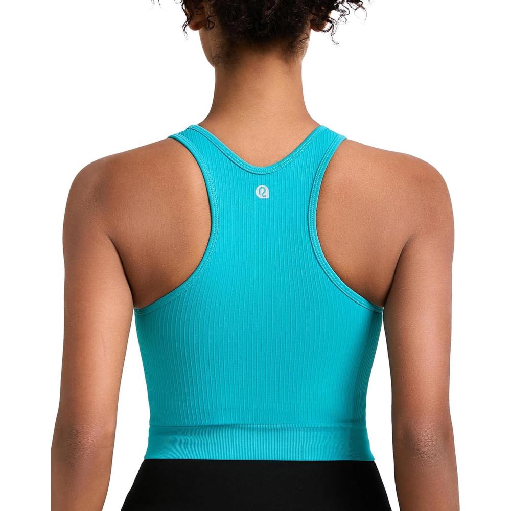 imageRUNNING GIRL Sports Bras for Women High Impact Seamless Ribbed Longline High Neck Workout Crop Tank Tops PaddedAteal Lagoon