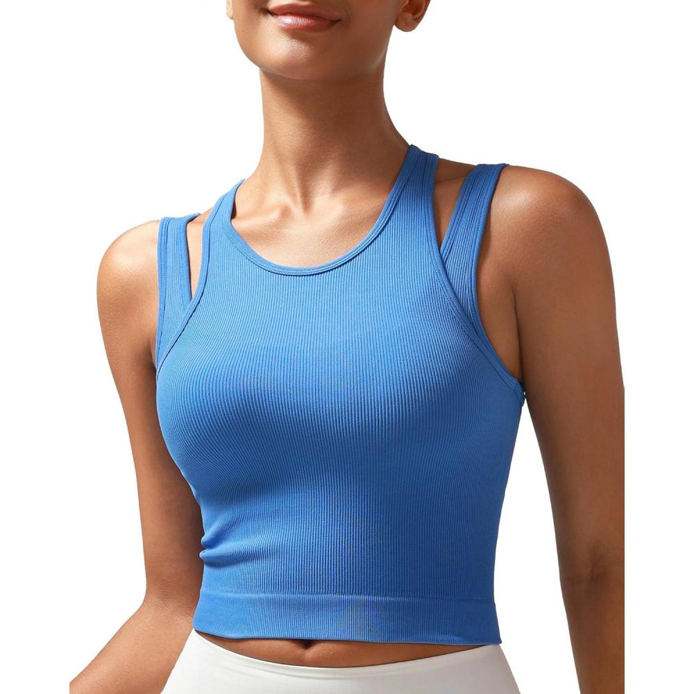 imageRUNNING GIRL Sports Bras for Women High Impact Seamless Ribbed Longline High Neck Workout Crop Tank Tops PaddedBbright Blue