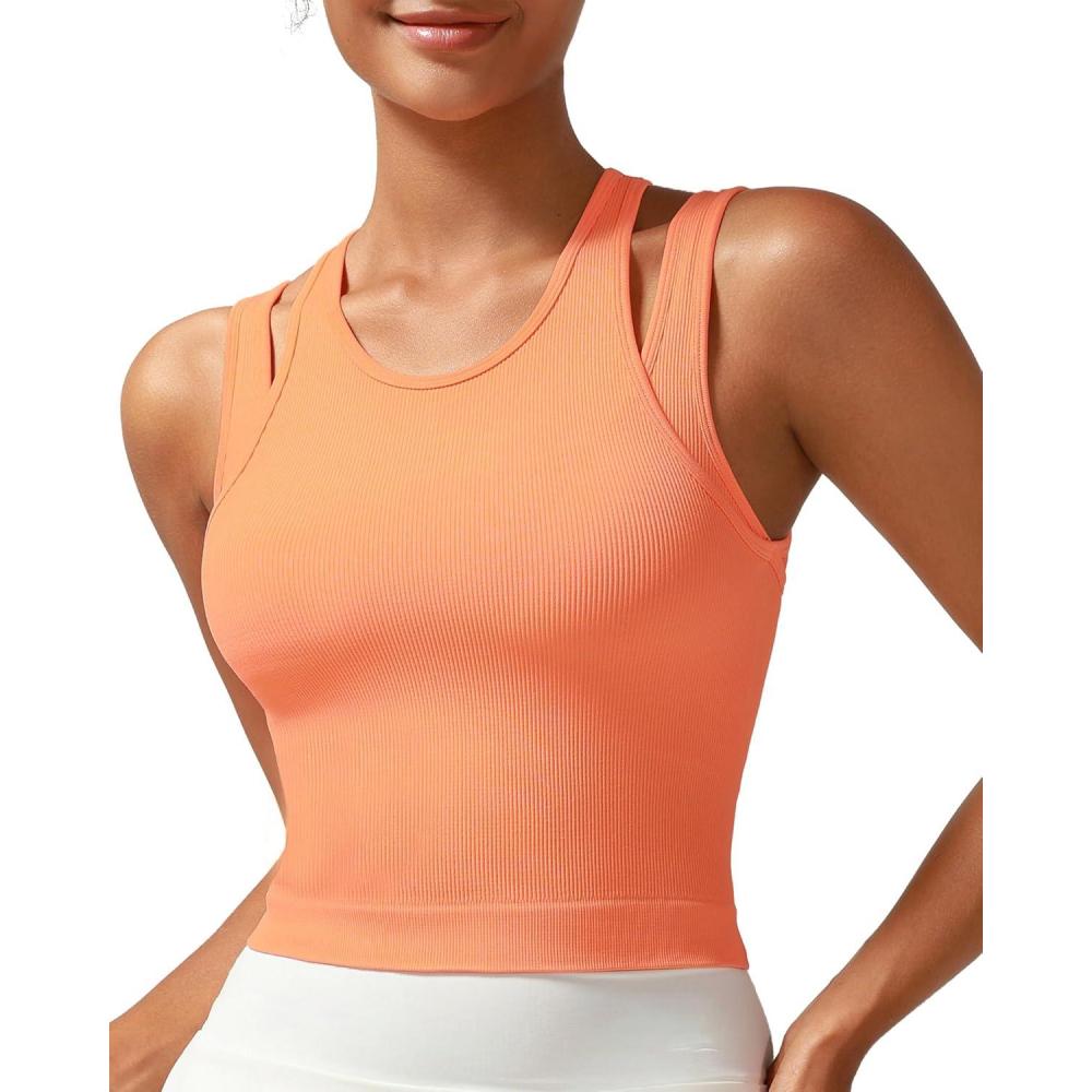 imageRUNNING GIRL Sports Bras for Women High Impact Seamless Ribbed Longline High Neck Workout Crop Tank Tops PaddedBlight Orange