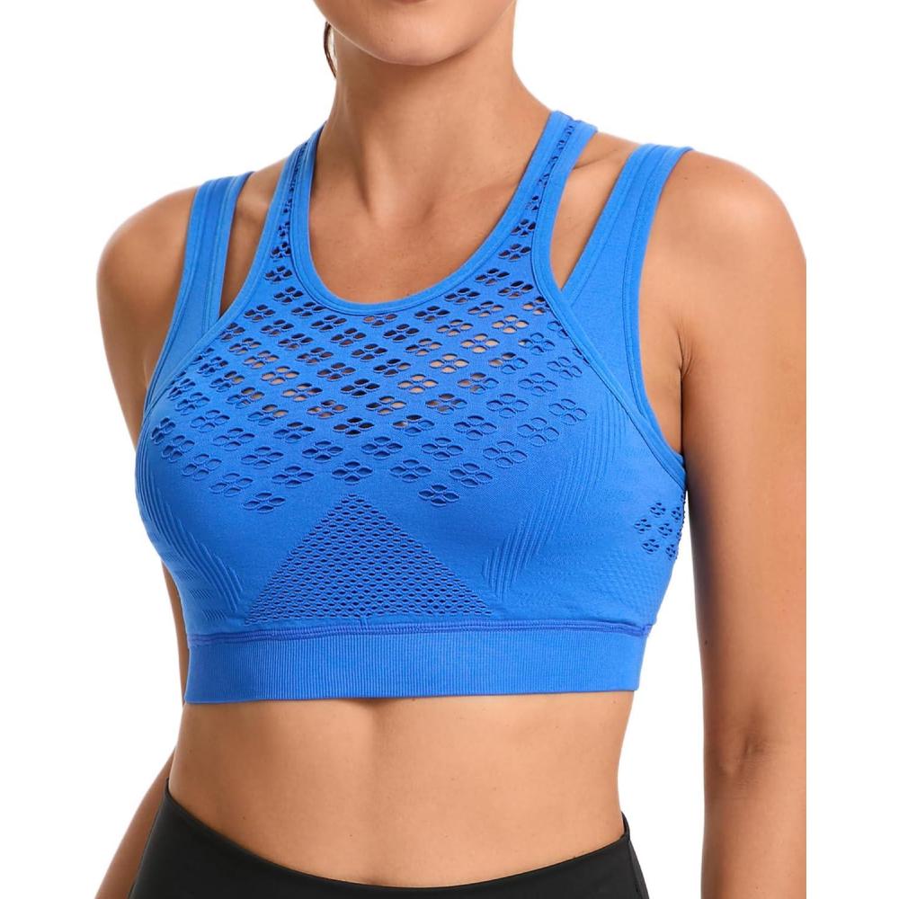 imageRUNNING GIRL Sports Bras for Women High SupportSeamless Ribbed Longline High Neck Sports Bra Racerback Padded Crop Top YogaAbright Blue