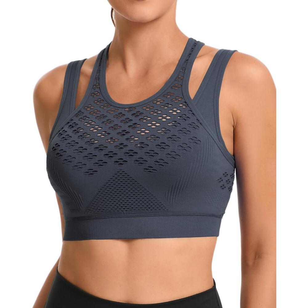 imageRUNNING GIRL Sports Bras for Women High SupportSeamless Ribbed Longline High Neck Sports Bra Racerback Padded Crop Top YogaAdark Grey