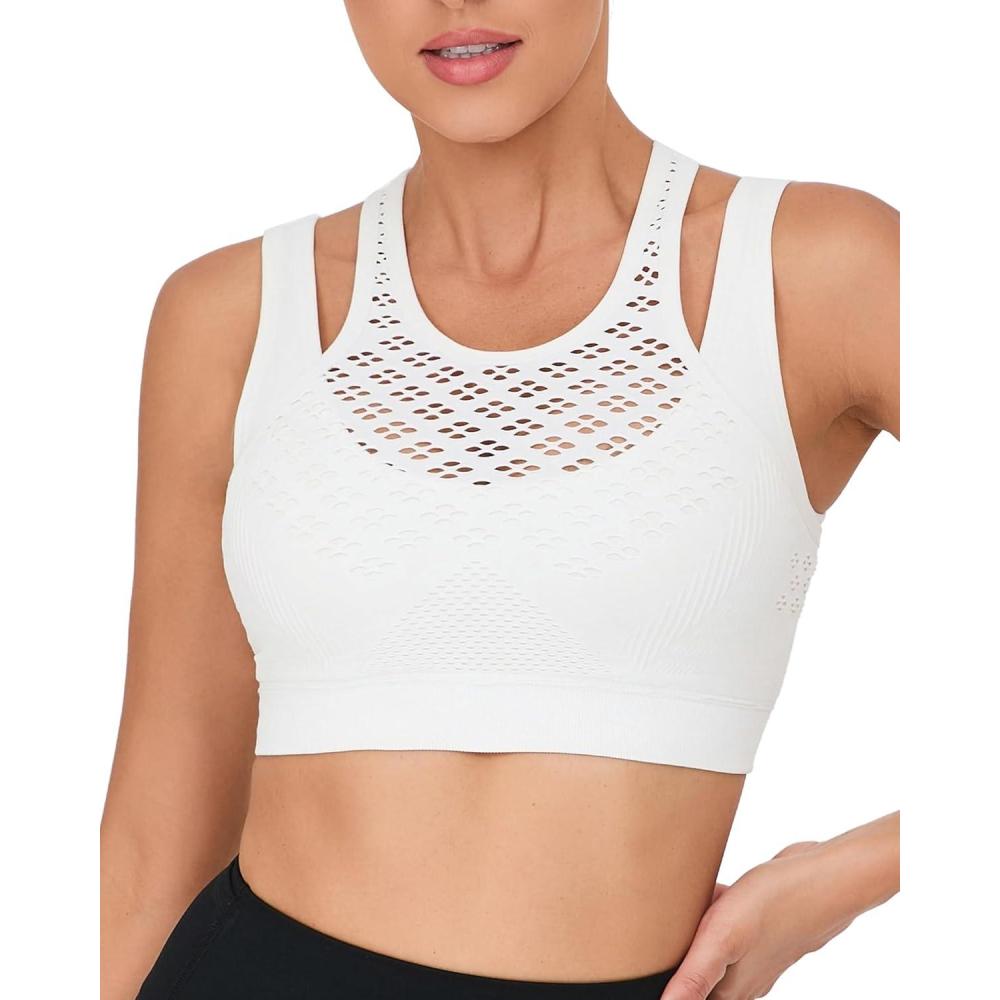imageRUNNING GIRL Sports Bras for Women High SupportSeamless Ribbed Longline High Neck Sports Bra Racerback Padded Crop Top YogaAwhite