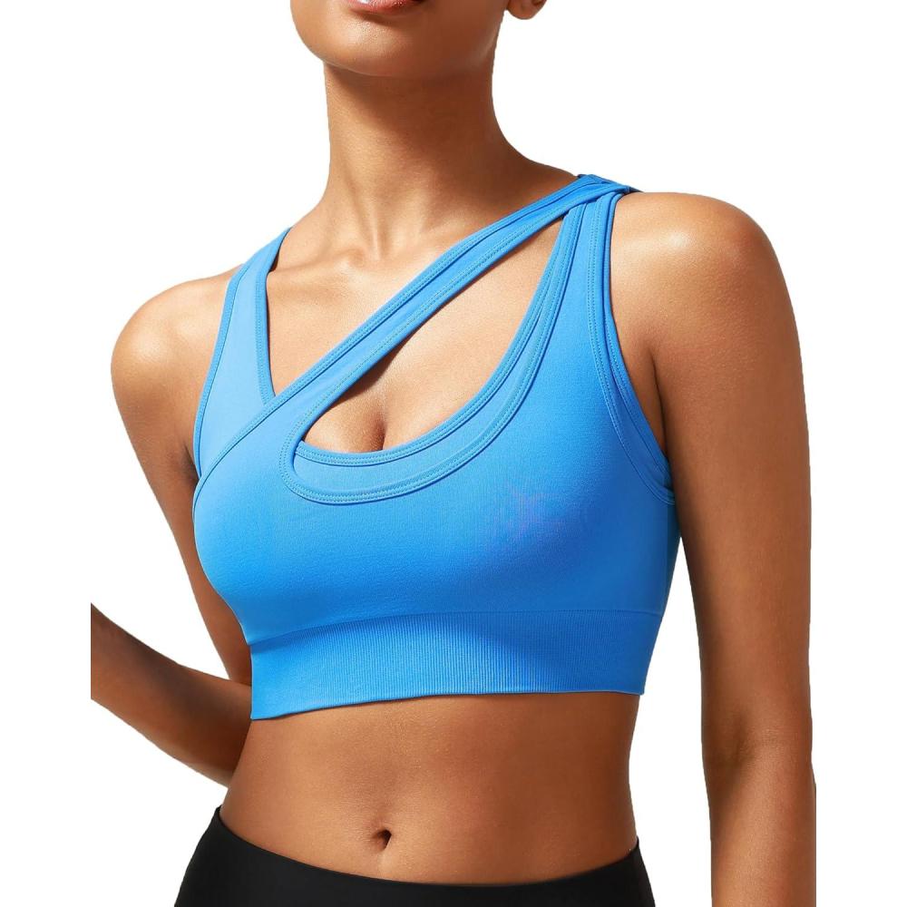 imageRUNNING GIRL Sports Bras for Women High SupportSeamless Ribbed Longline High Neck Sports Bra Racerback Padded Crop Top YogaBblue