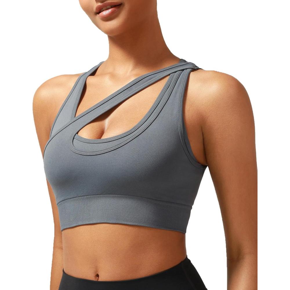 imageRUNNING GIRL Sports Bras for Women High SupportSeamless Ribbed Longline High Neck Sports Bra Racerback Padded Crop Top YogaBgrey