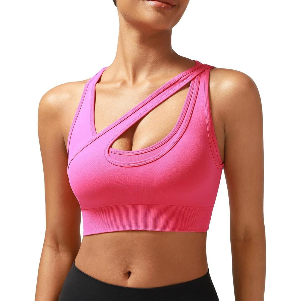 imageRUNNING GIRL Sports Bras for Women High SupportSeamless Ribbed Longline High Neck Sports Bra Racerback Padded Crop Top YogaBhot Pink
